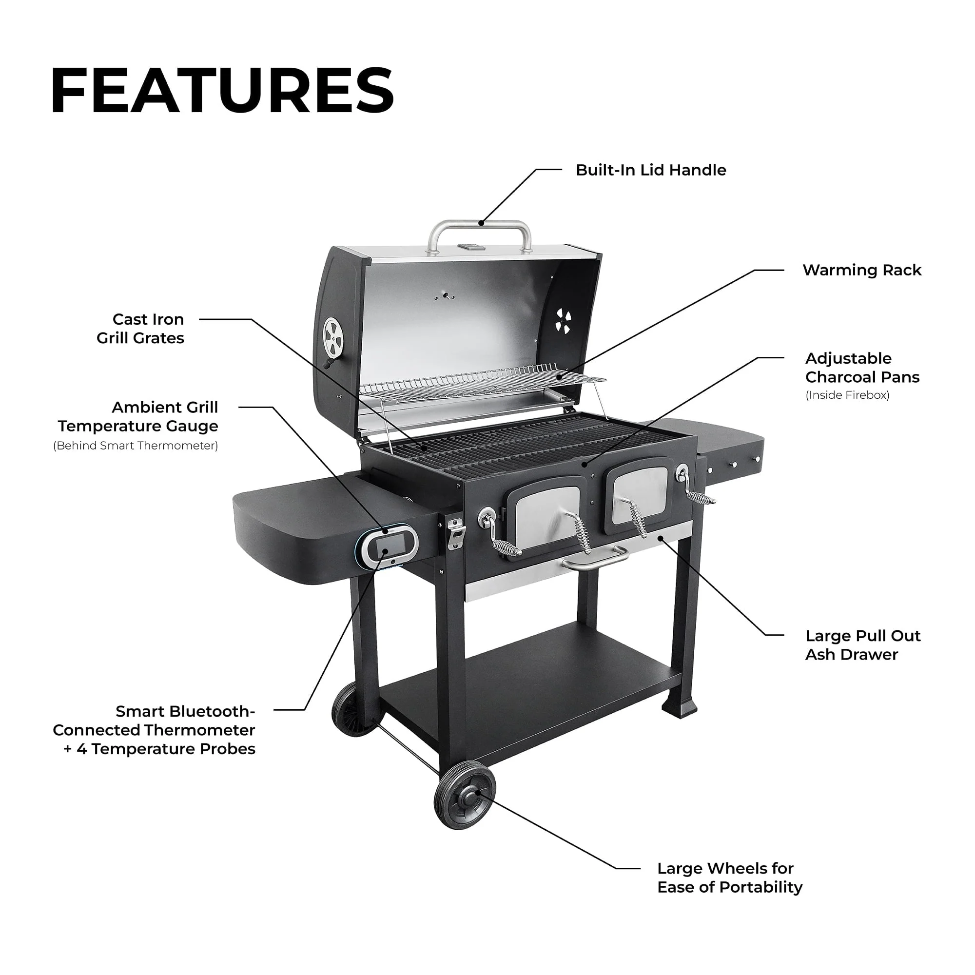 32-inch Smart Charcoal Grill with Bluetooth Meat Thermometer, LCD Display, and Temperature Probes, Stainless Steel/Black