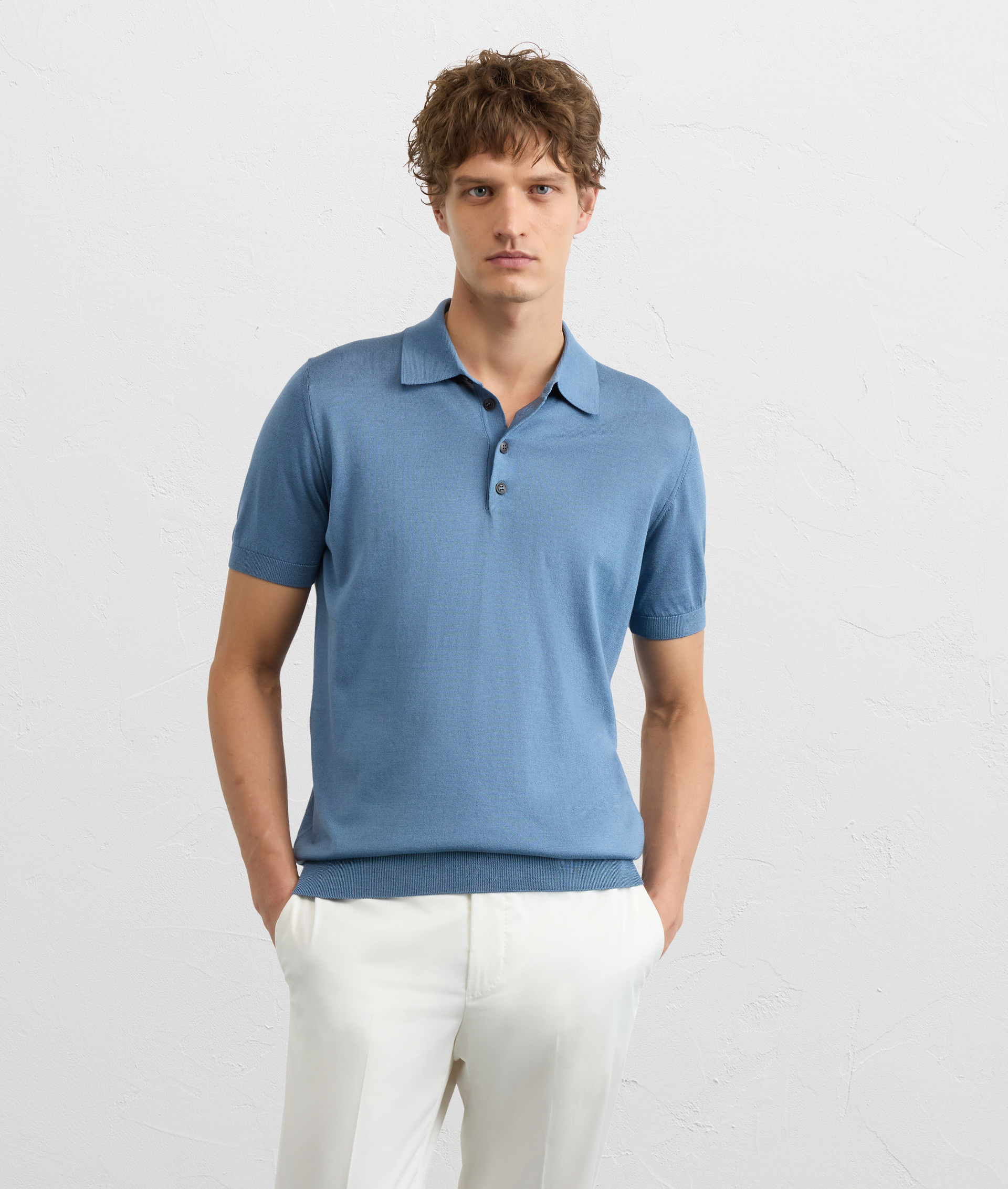 LIGHT BLUE SILK AND COTTON SHORT SLEEVED POLO SHIRT