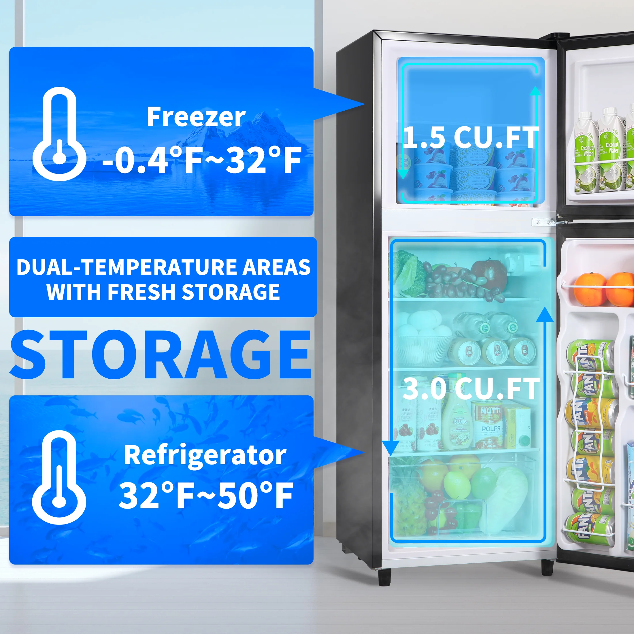 4.5 Cu. ft. Compact Refrigerator 2 Door with Freezer,5 Adjustable Thermostat 4 Removable Glass Shelves(Silver/4.5 Cu.ft) - Image 3