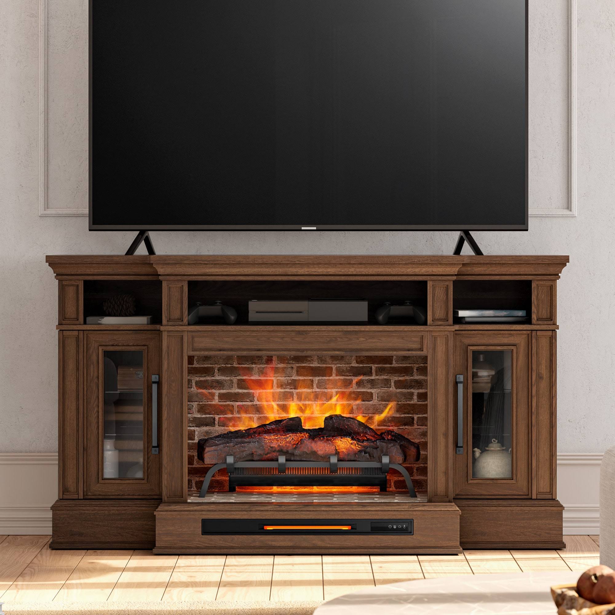Allen + Roth 66-in W Brown Walnut Infrared Quartz Electric Fireplace | 2403FM-30-351
