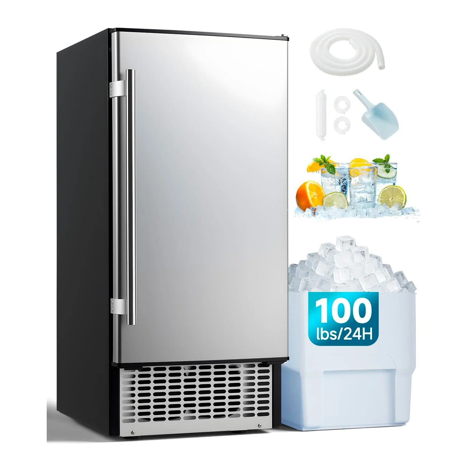 AECOJOY 15''W Commercial Ice Maker 100 lbs/24H, Stainless Steel Under Counter Ice Machine with 30 lbs Storage Bin