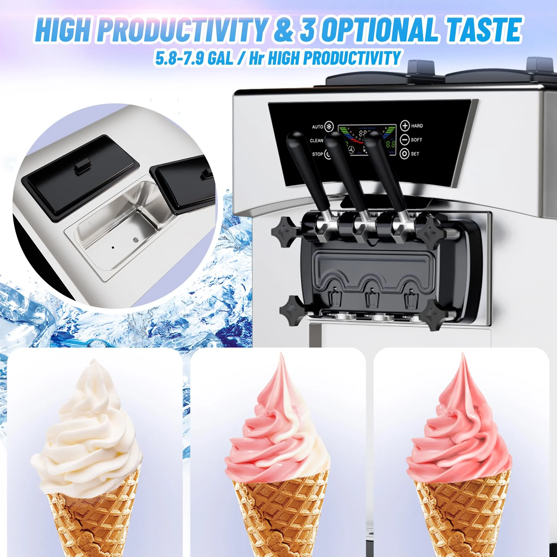 Commercial 3 Flavors Ice Cream Machine, 5.8 to 8Gal per Hour Soft Serve Ice Cream Maker,with Auto Clean, LCD Display for home Snack Bar Restaurants(Sliver) - Image 2