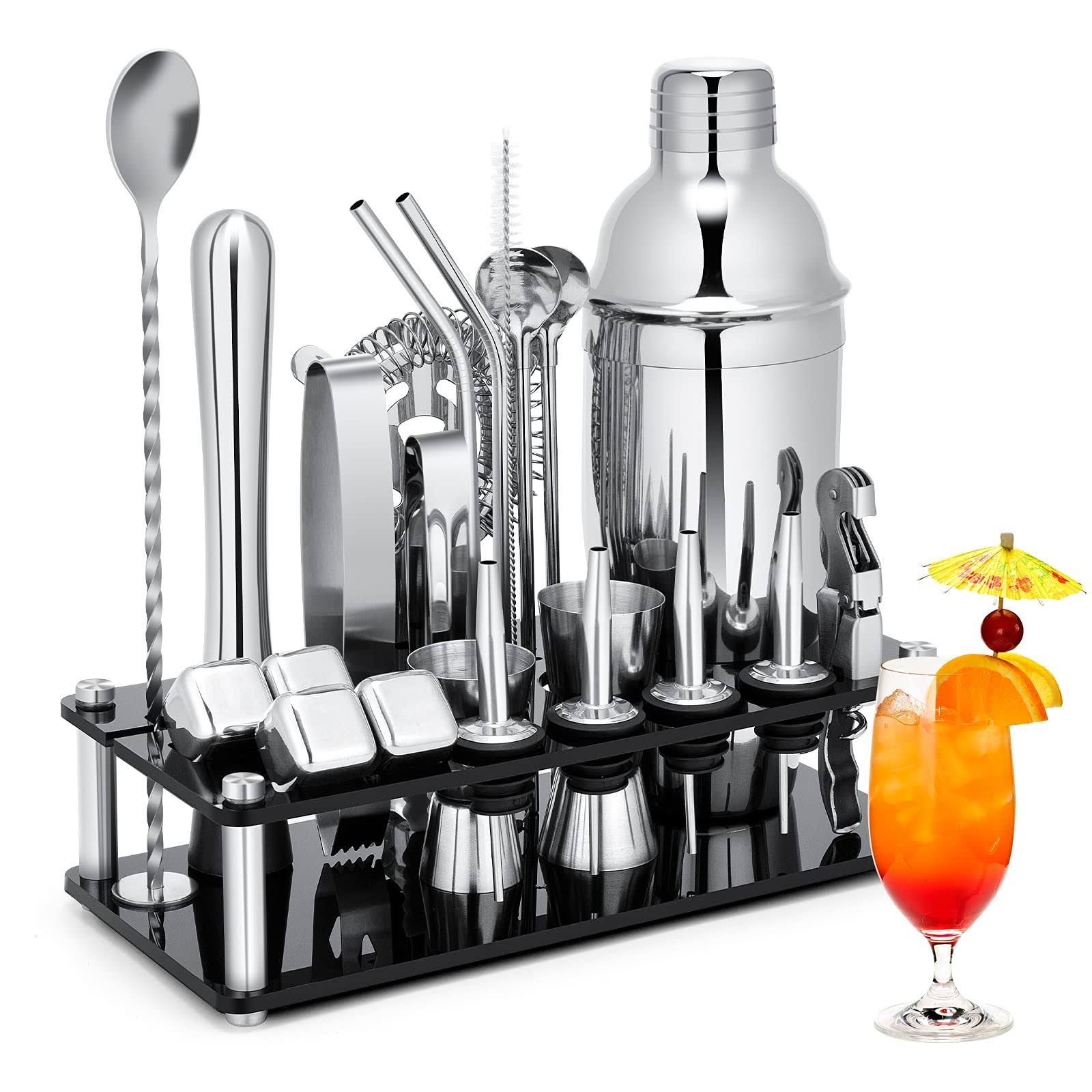 KINGROW Cocktail Shaker Set, 23-Piece Stainless Steel Bartender Kit with Acrylic Stand & Cocktail Recipes Booklet, Professional Bar Tools for Drink