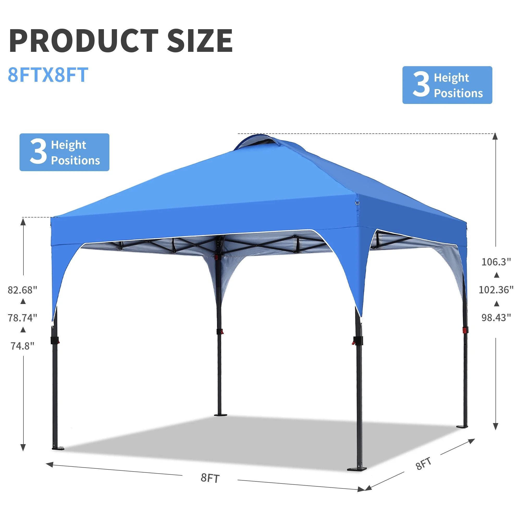 8'x8' Pop Up Canopy Tent, Easy-Setup Gazebo, Outdoor Canopy with 3 Adjustable Heights for Events, Parties, Camping, Blue(8 x 8/Blue) - Image 3