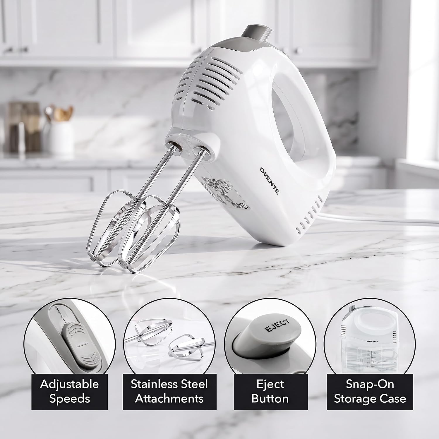 OVENTE 5-Speed Electric Hand Mixer with Storage Case,150W, White HM151W