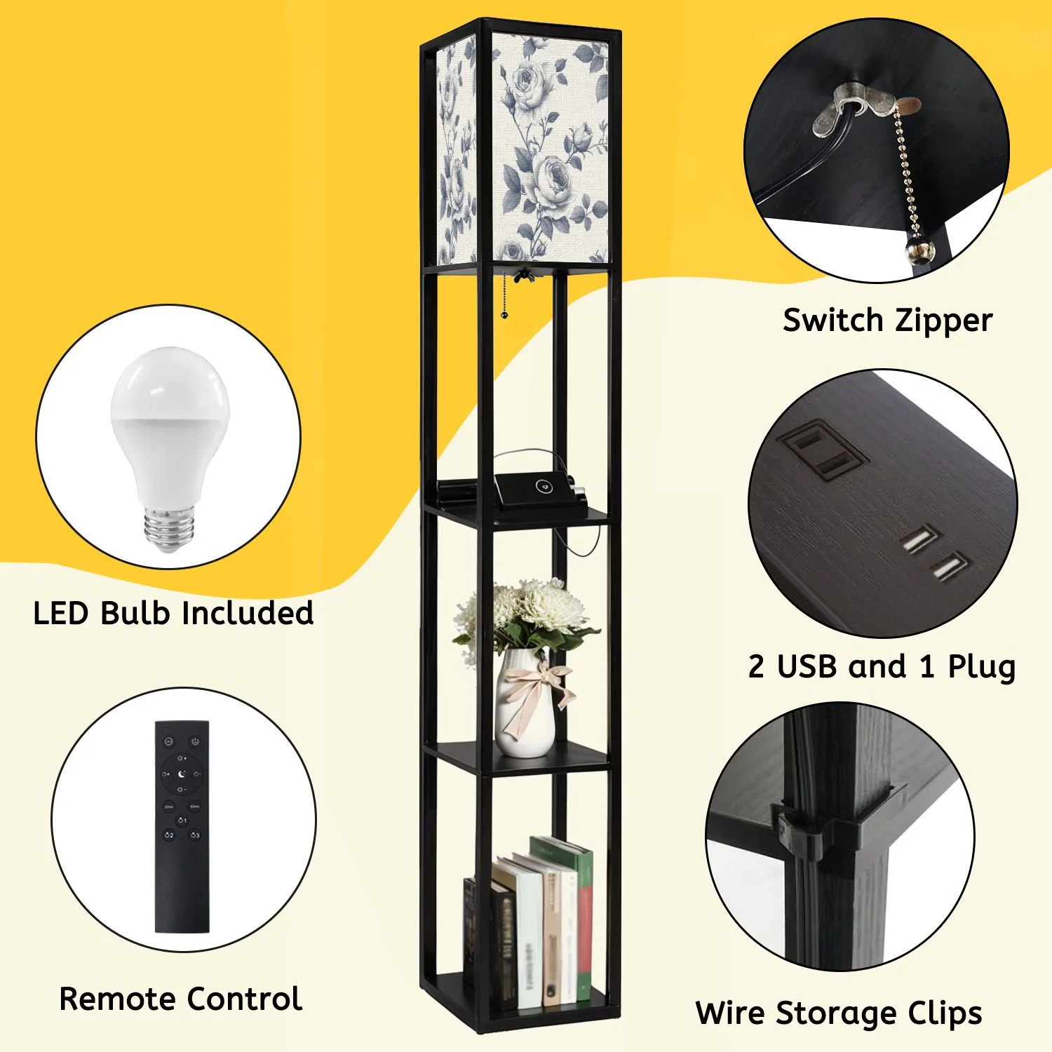 Floor Lamp with Shelves,Modern Dimmable Standing Lamp Floral Corner Display Bookshelf Lamp with 2 USB 1 Power Outlet for Living Room Bedroom(Color-5) - Image 8