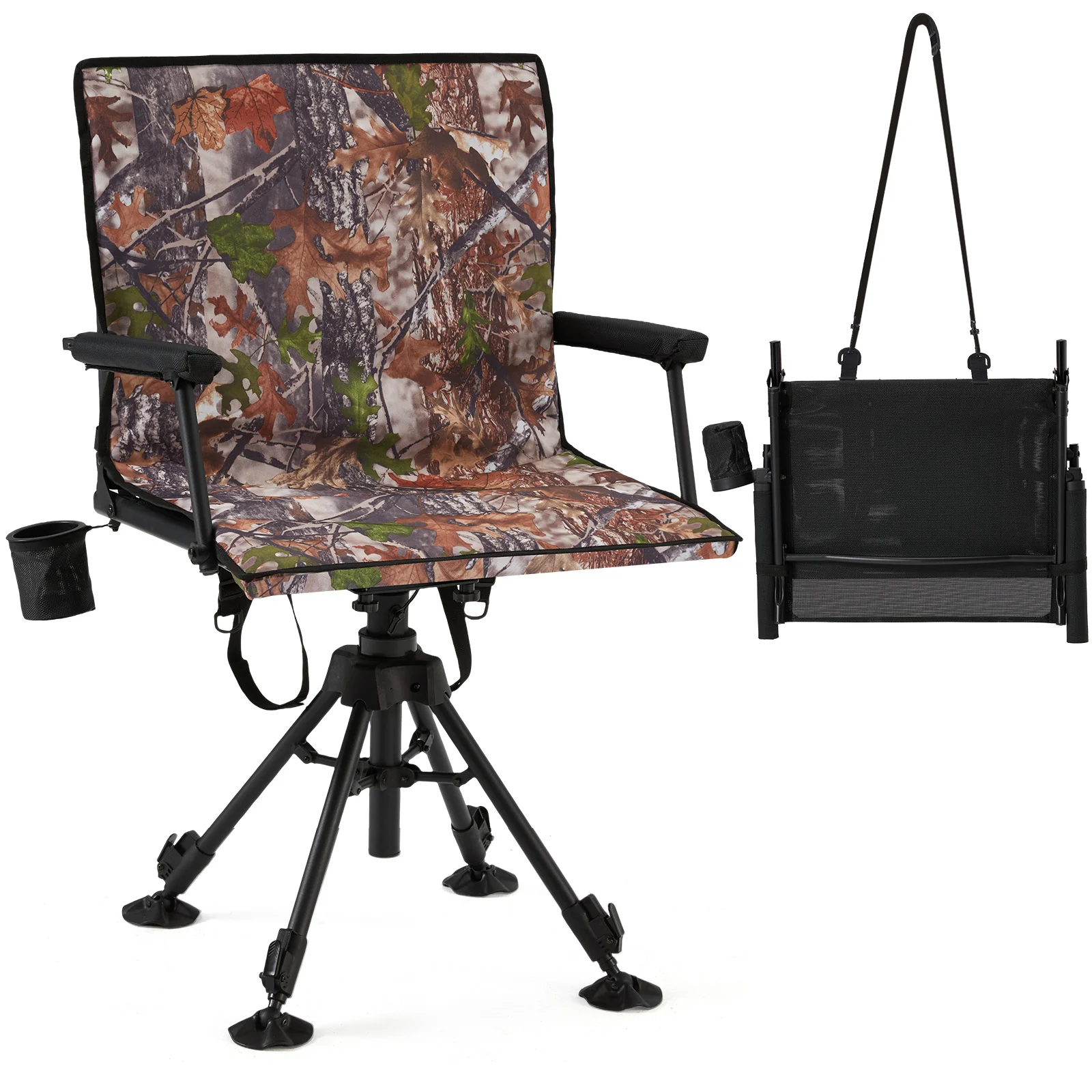 AECOJOY 360 Degree Silent Swivel Hunting Blind Chair with Bottle Rack,  Adjustable Height Camo Portable Foldable Outdoor Hunting and Fishing Chair