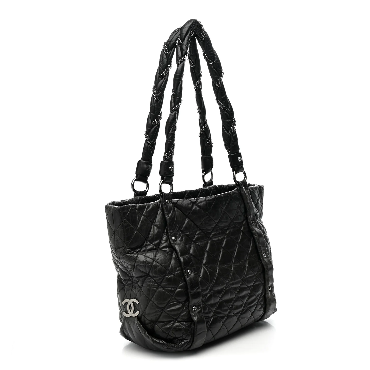 Distressed Lambskin Vintage Ligne Lady Braid Tote Black