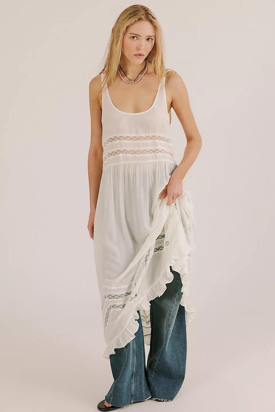 Voile and Lace Midi Slip Dress-Ivory Combo