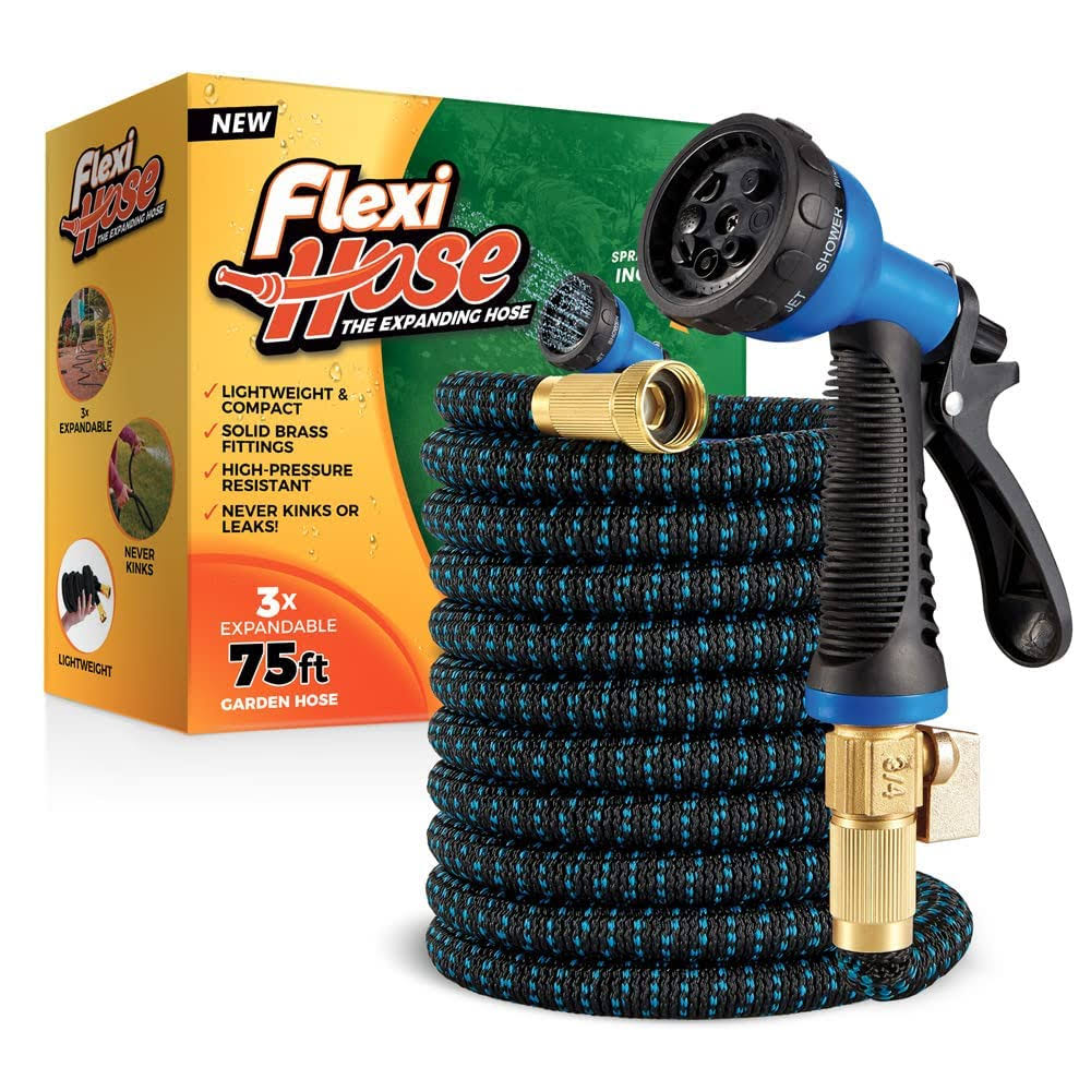 Flexi Hose with 8 Function Nozzle Expandable Garden Hose, Lightweight & No-Kink Flexible Garden Hose, Blue Black