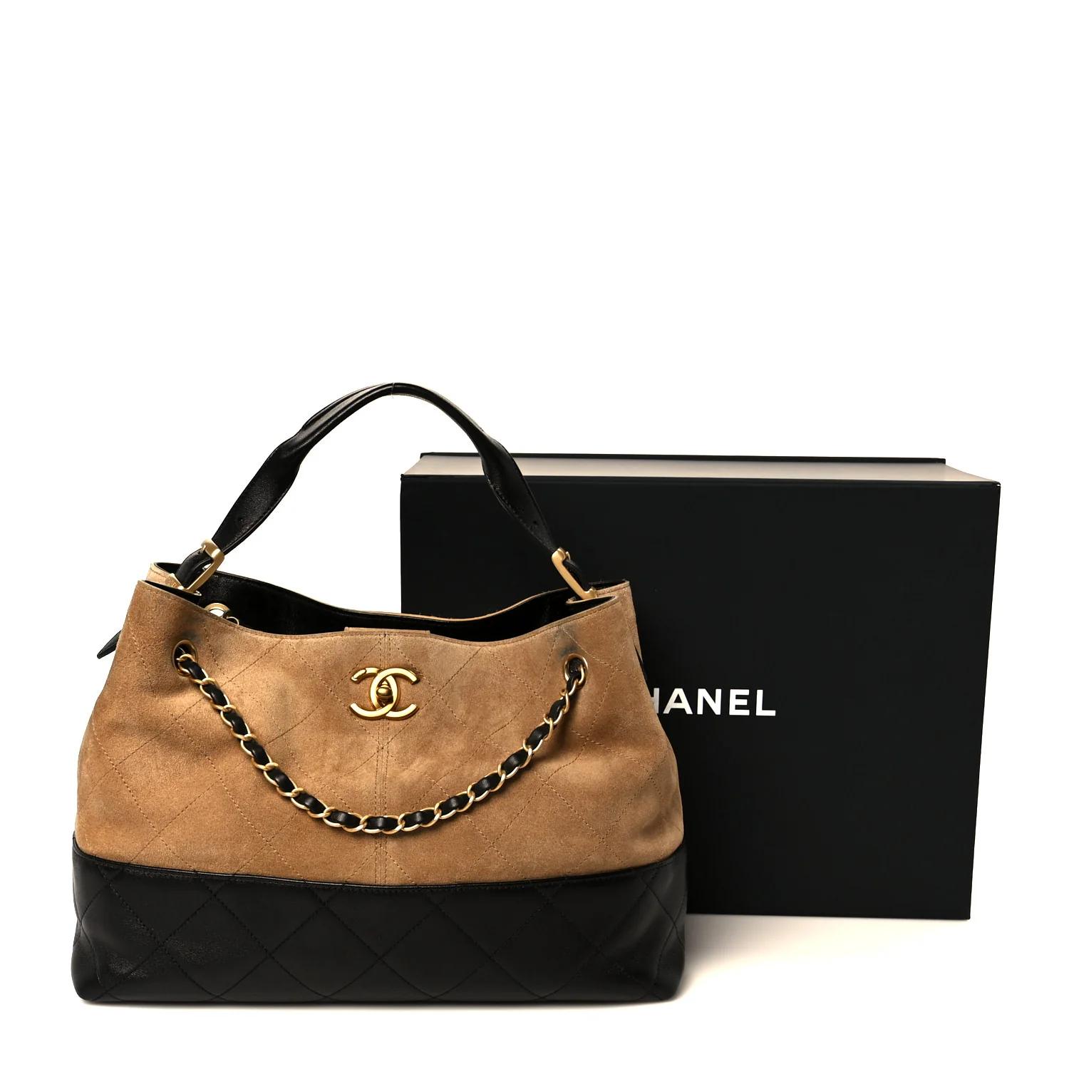 Suede Calfskin Shiny Lambskin Quilted Small Coco Base Shopping Bag Beige Black