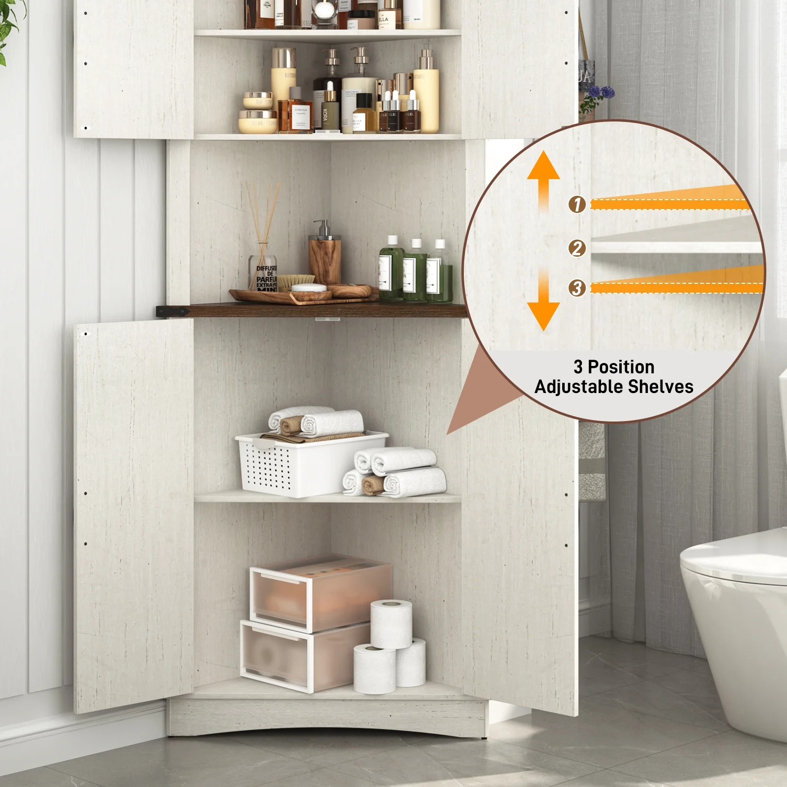 68" Tall Farmhouse Corner Cabinet with 4 Doors, 28.3" W Barn Door Storage Cabinet with Adjustable Shelves, 5 Tier Corner Storage Cabinet for Bathroom,Living Room,Kitchen(28.3" Wide/White-Brown) - Image 4