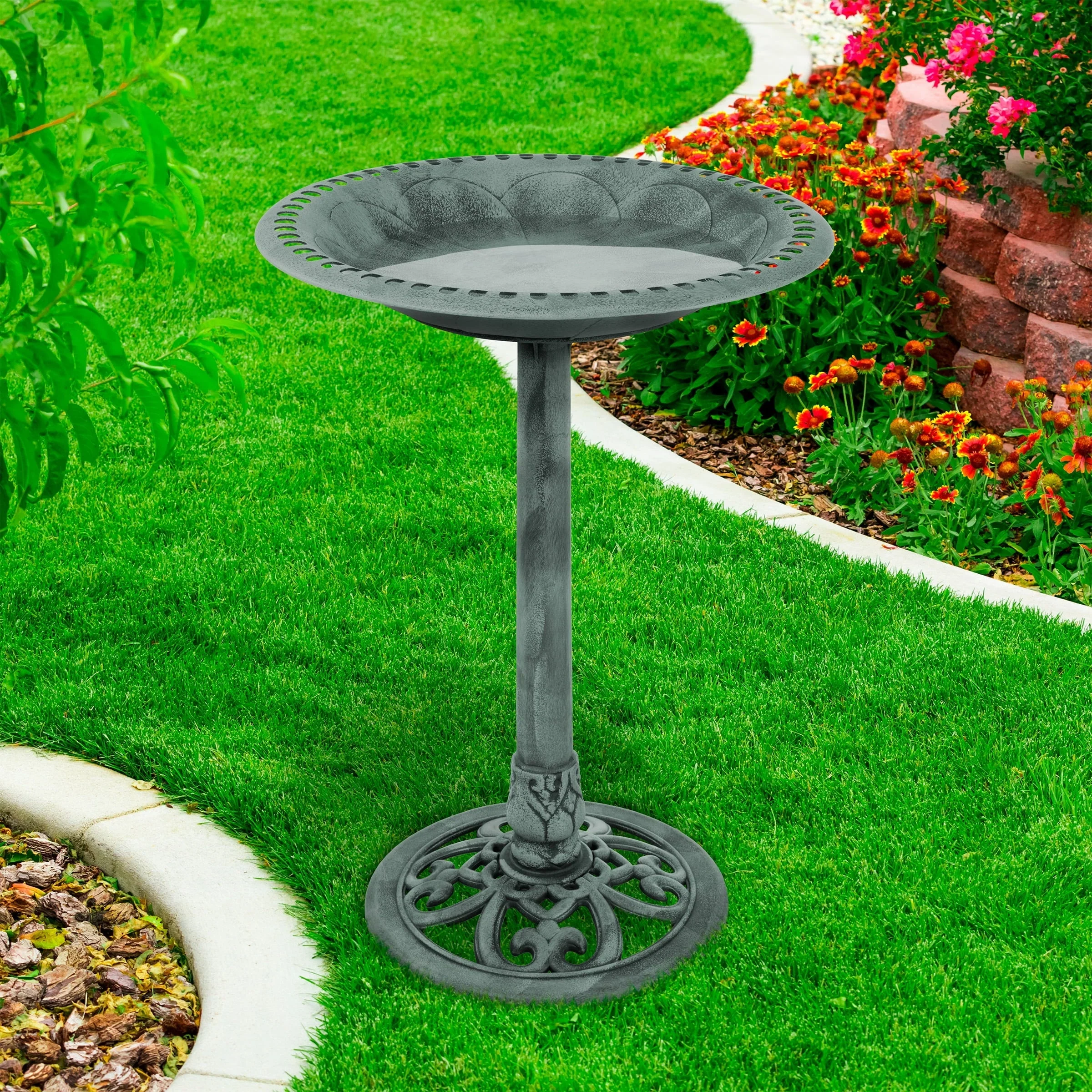 Antique Bird Bath- Weather Resistant Resin Birdbath with Vintage Scroll Design, 3 Ground Stakes for Garden,Outdoor Decor by Pure Garden (Patina Green)