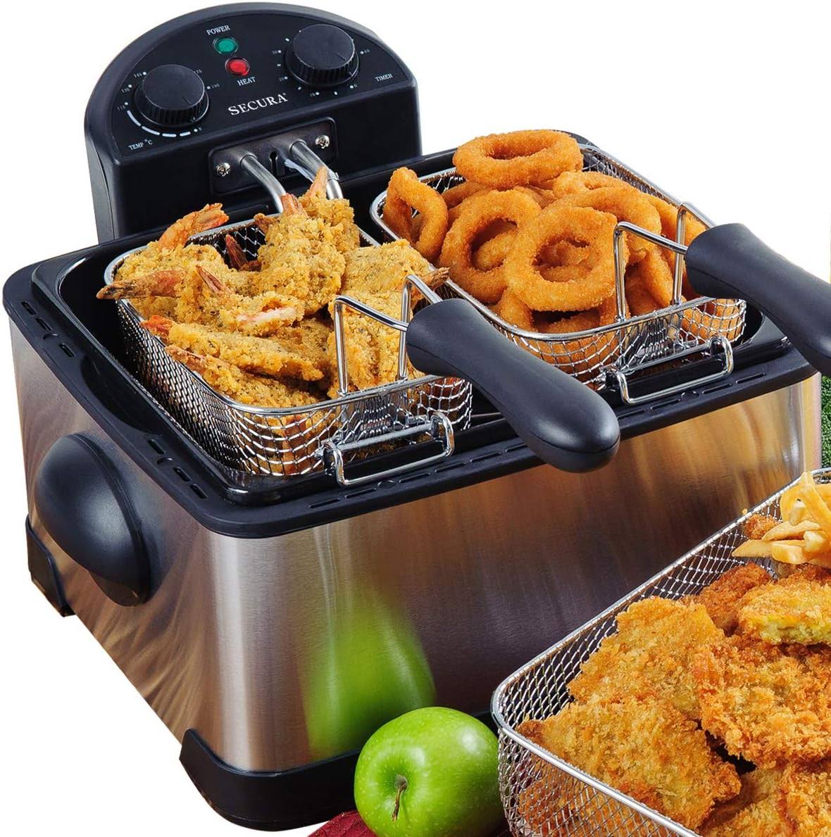 Secura 1700W Stainless-Steel Triple Basket Electric Deep Fryer 4L/17-Cup -Silver