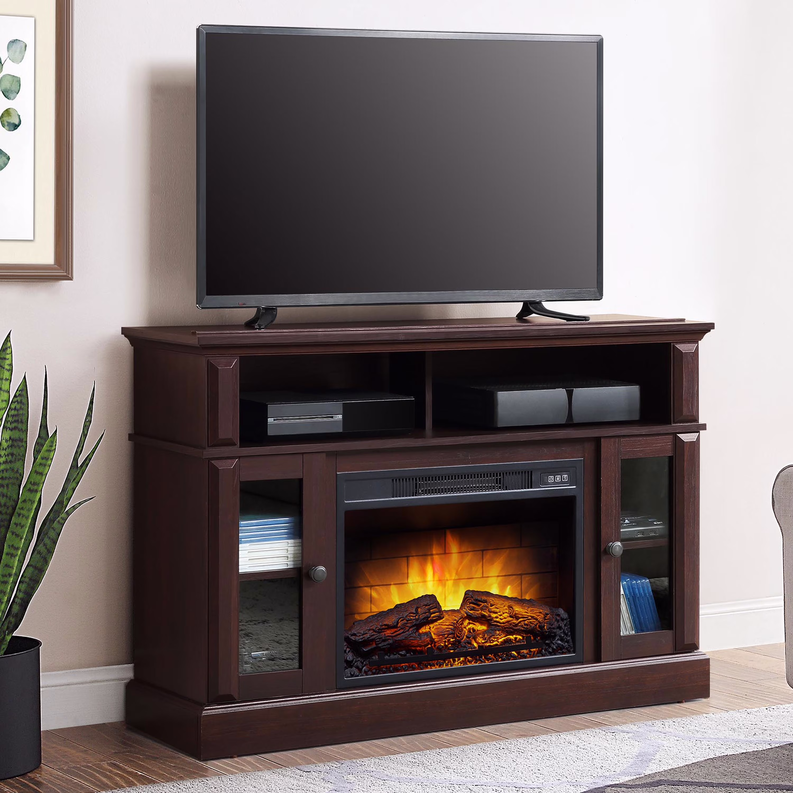 Whalen Furniture Barston Media Fireplace TV Stand for Tvs up to 55, Cherry Brown Finish