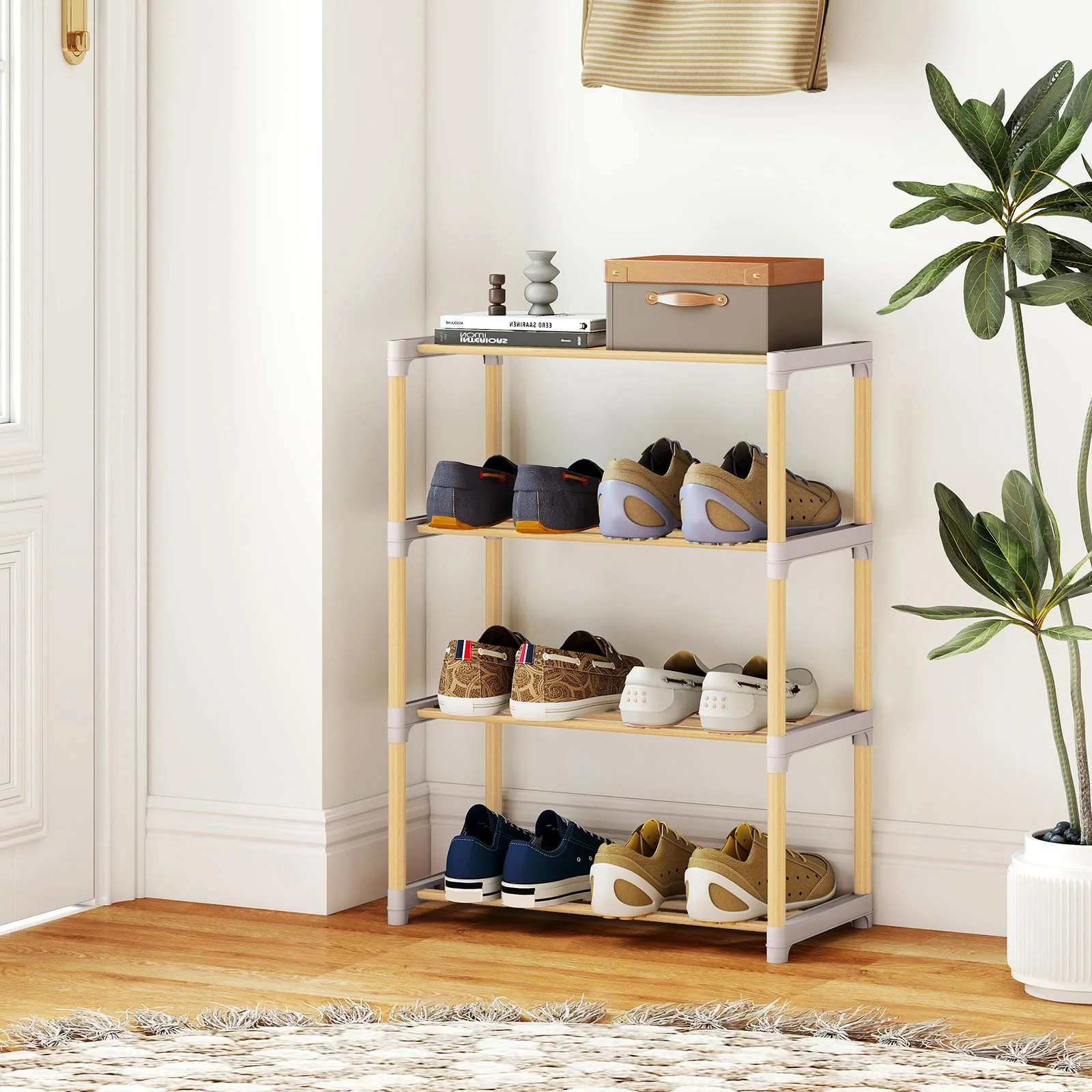 Tangkula 4-Tier Freestanding Shoe Stand with Slatted Open Shelves