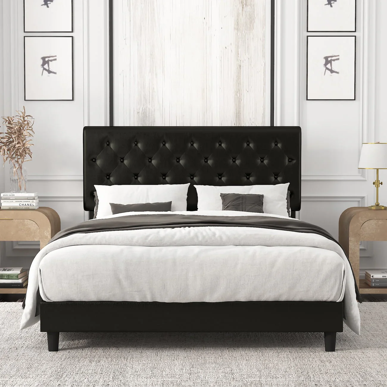 Amolife Queen Bed Frame with Headboard, Diamond Button Tufted Style, Black