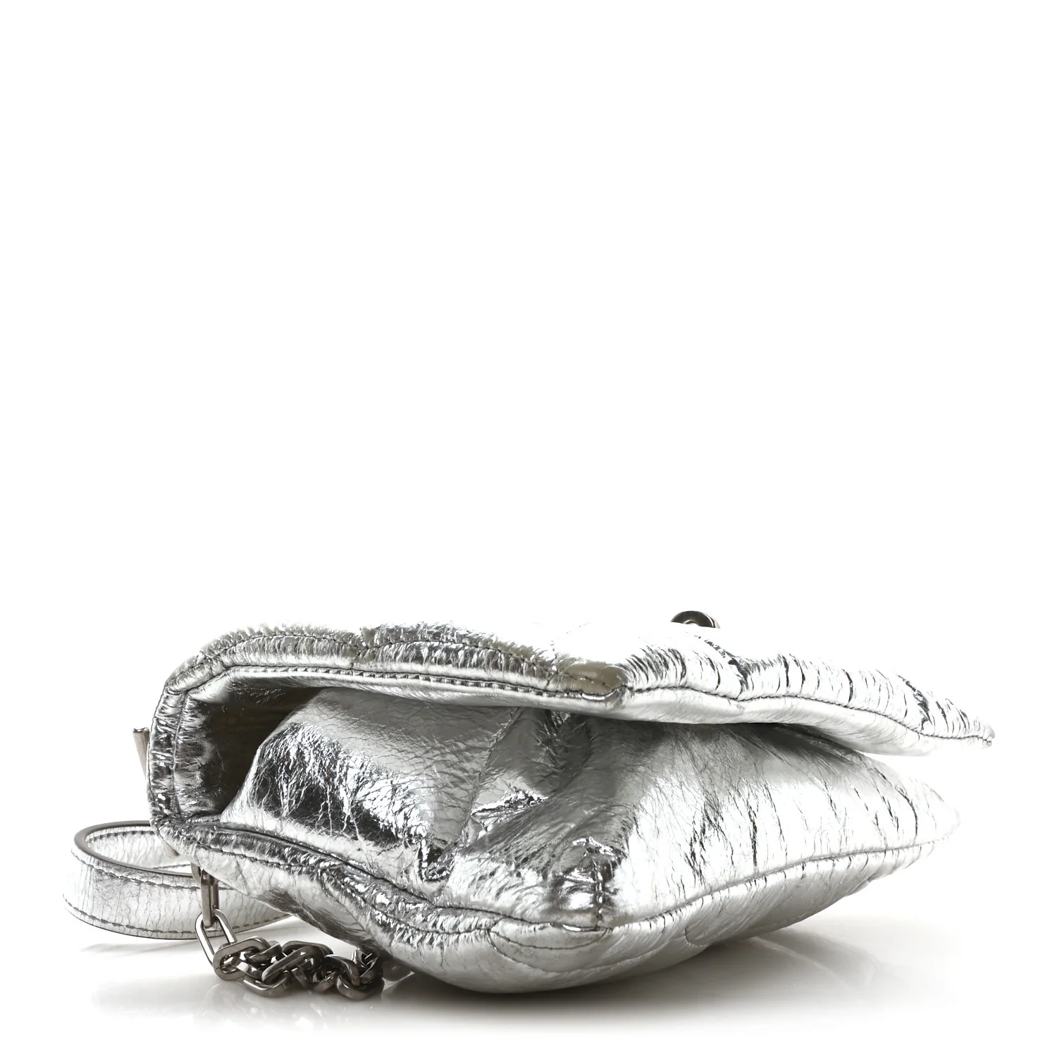 Metallic Crinkled Nappa Pillow Quilted Tiny Softie Bag Silver