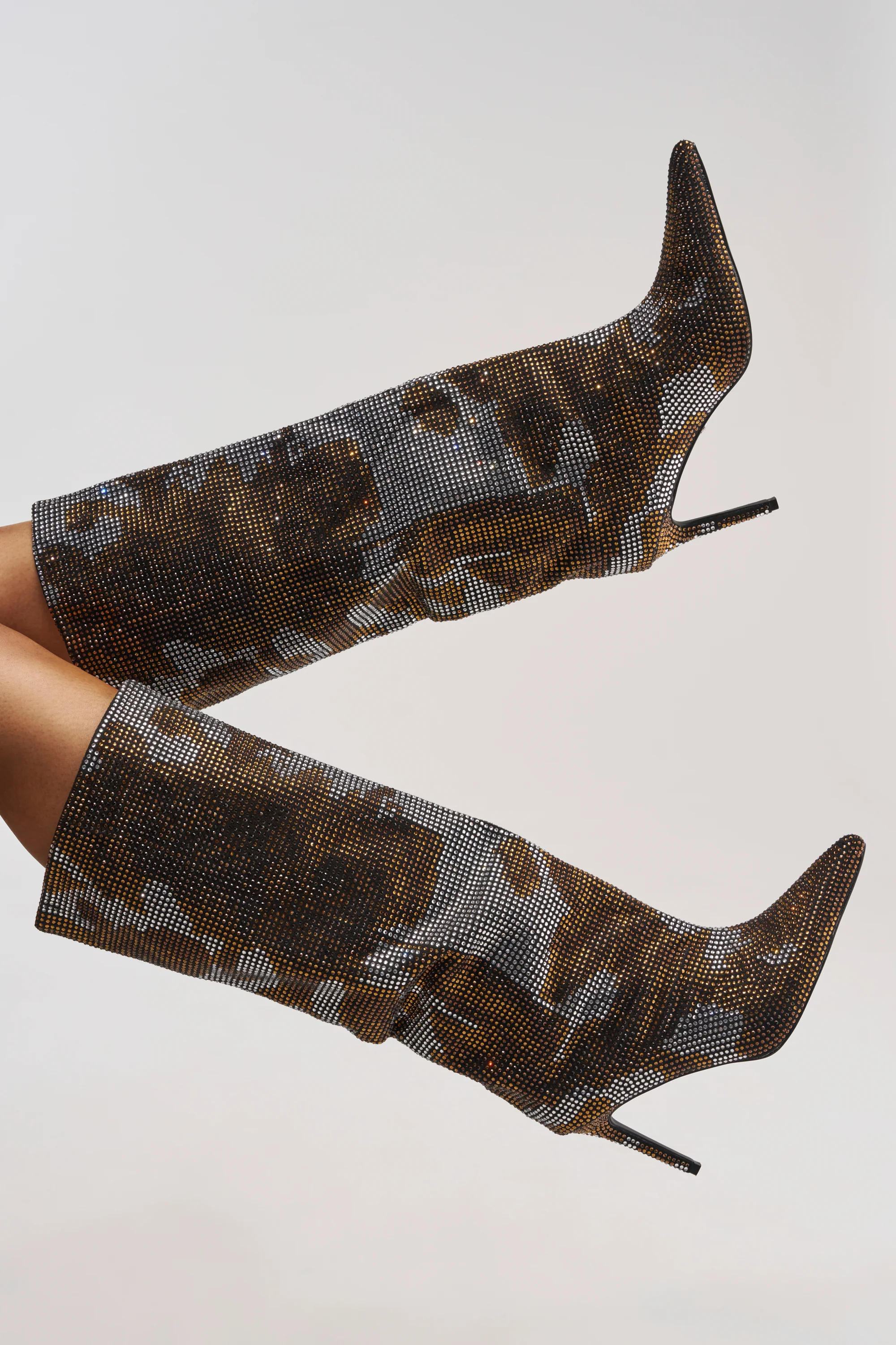 AZALEA WANG ORIEL BRONZE MULTI PRINT RHINESTONE STILETTO BOOT - Akira Store