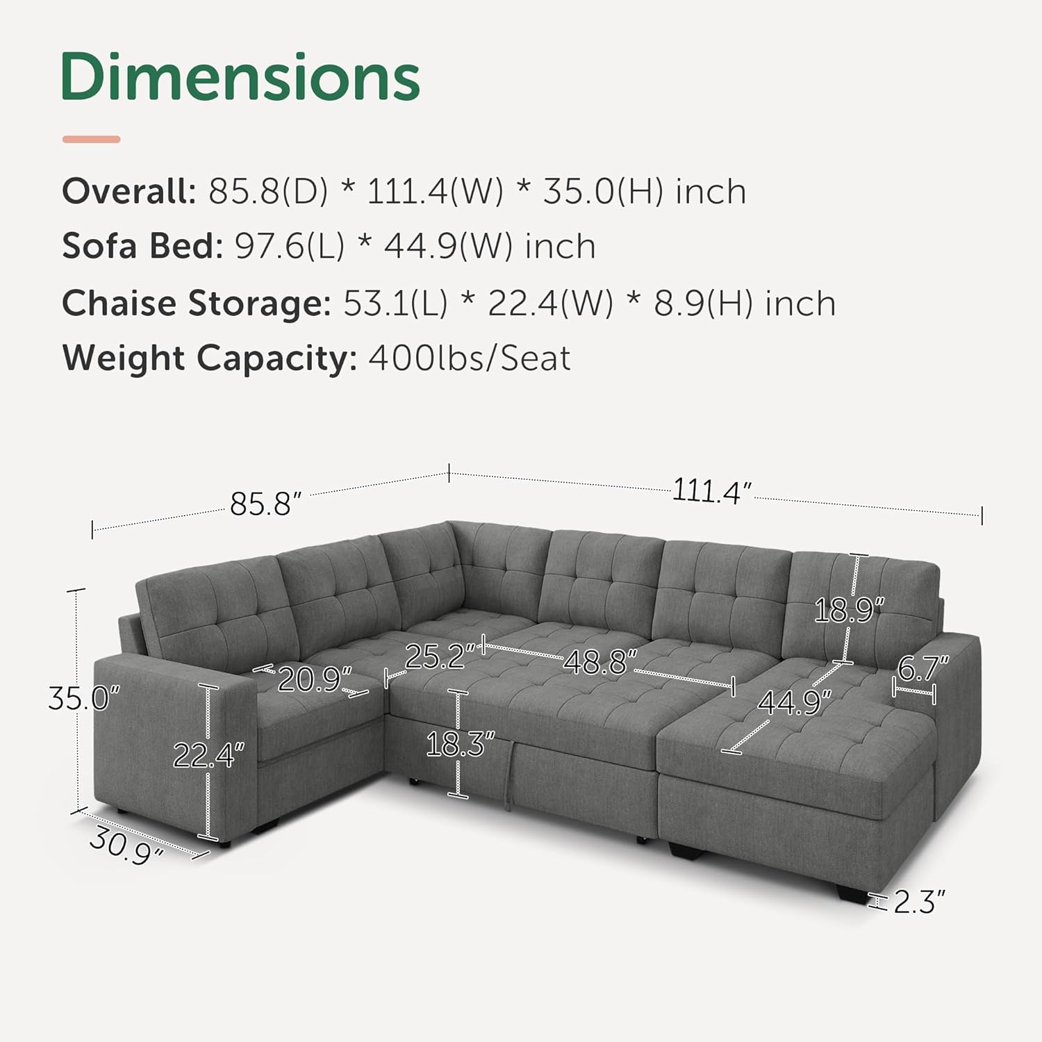 HONBAY Sleeper Sofa Bed with Storage Chaise, Sectional Couch with Pull Out Bed, U Shaped Sectional Sleeper Sofa Couch, Grey