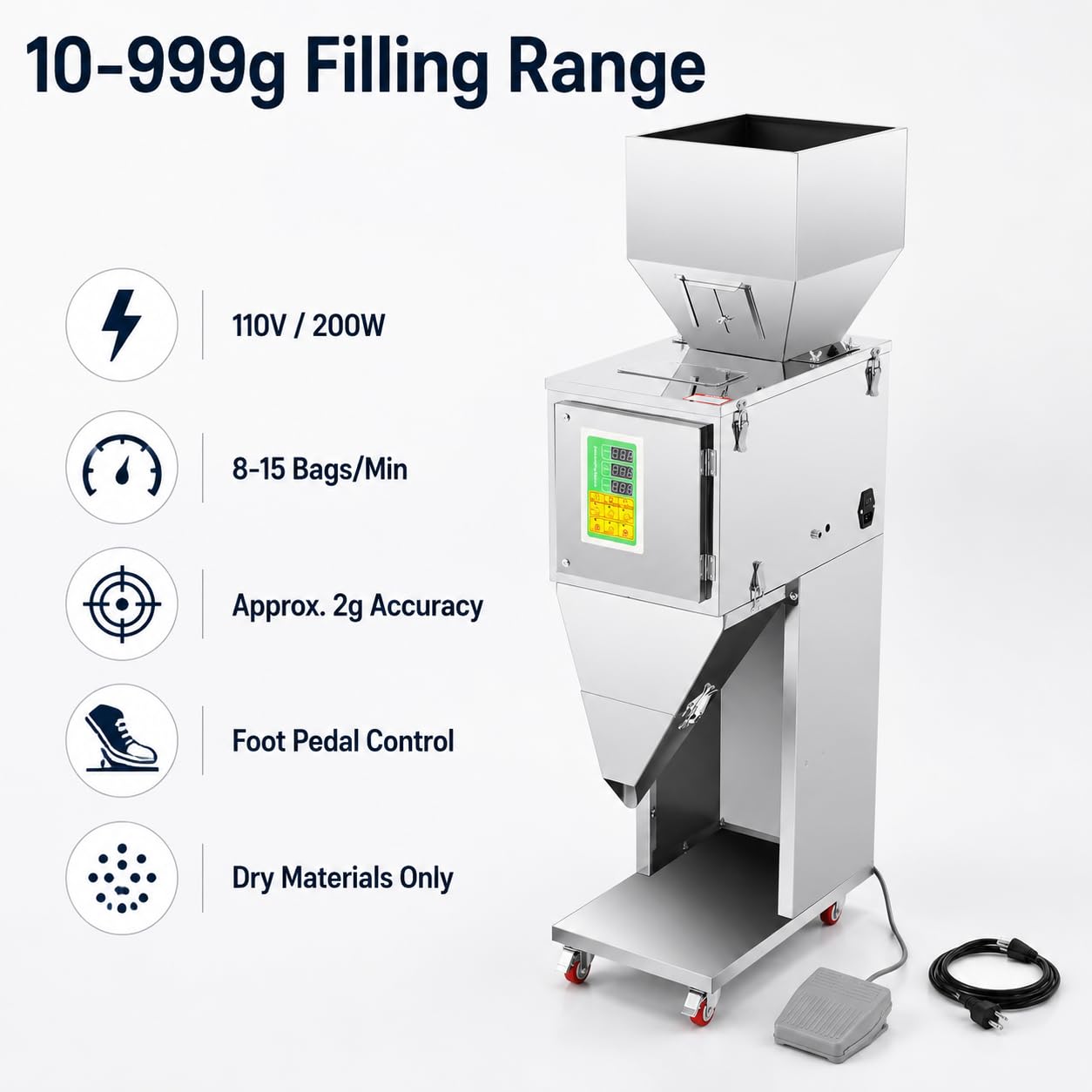 10-999g Powder Filling Machine, 110V 200W Granule Filler | Digital Weighing Control, Foot Pedal Operation