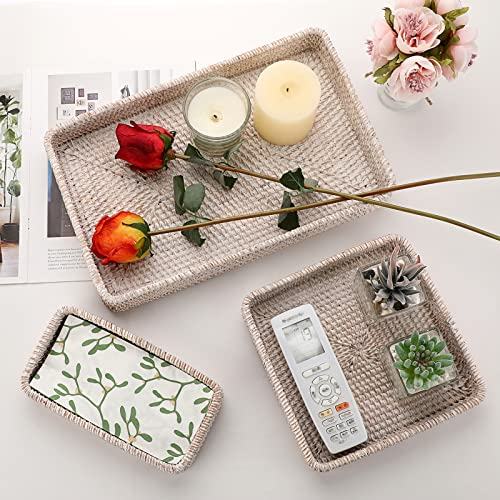 Hipiwe Large Rattan Serving Tray, Handwoven Wicker Basket Organizer Tray, Rectangle Tabletop Breakfast Drinks Snack Fruit Storage Platter Tray