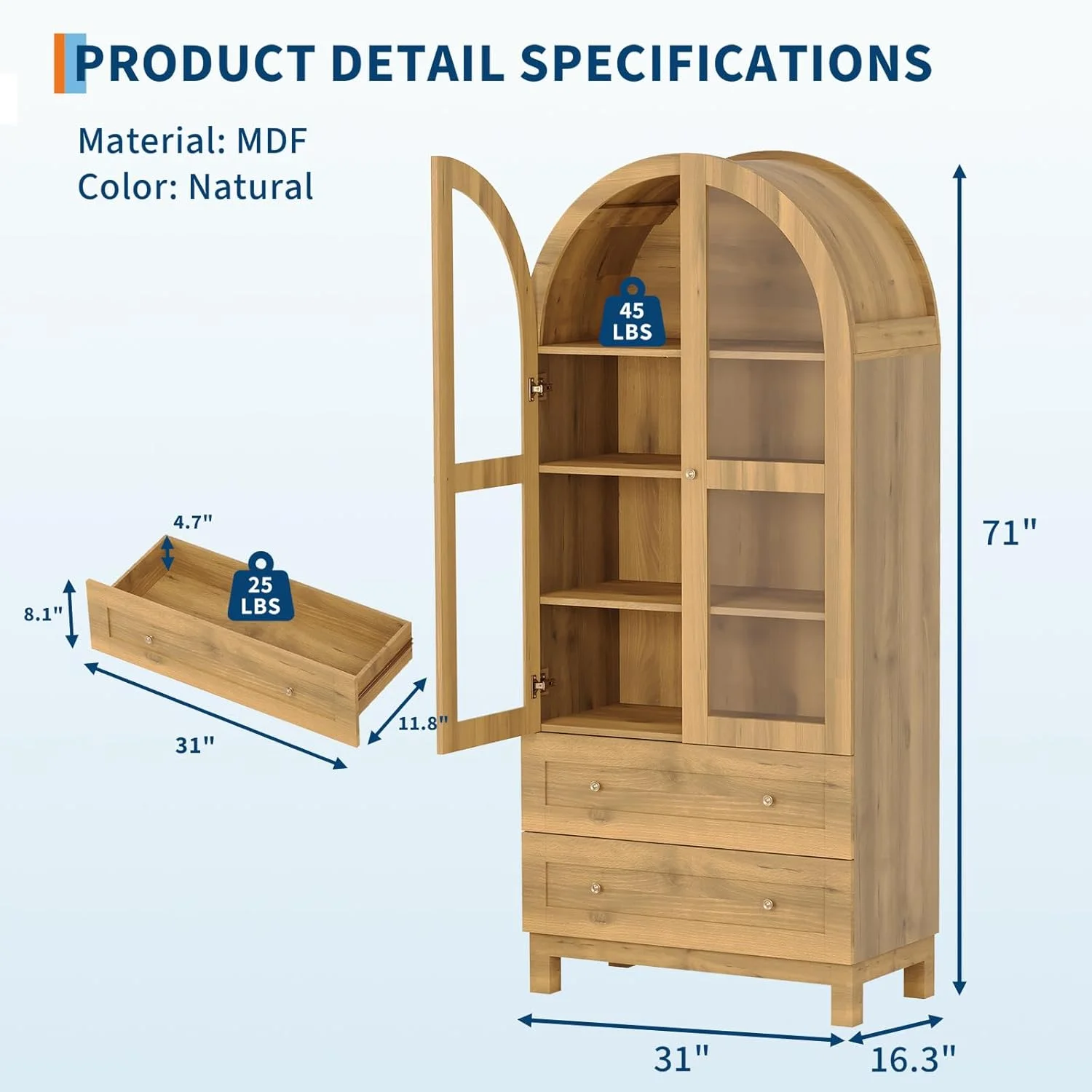 71" Tall Arched Bookshelf, Modern Bookcase with 2 Drawers, Glass Door and Adjustable Shelf, Wooden Display Cabinet, Versatile Bookshelf Kitchen Storage Pantry for Living Room, Bedroom- Natural(Oak) - Image 5