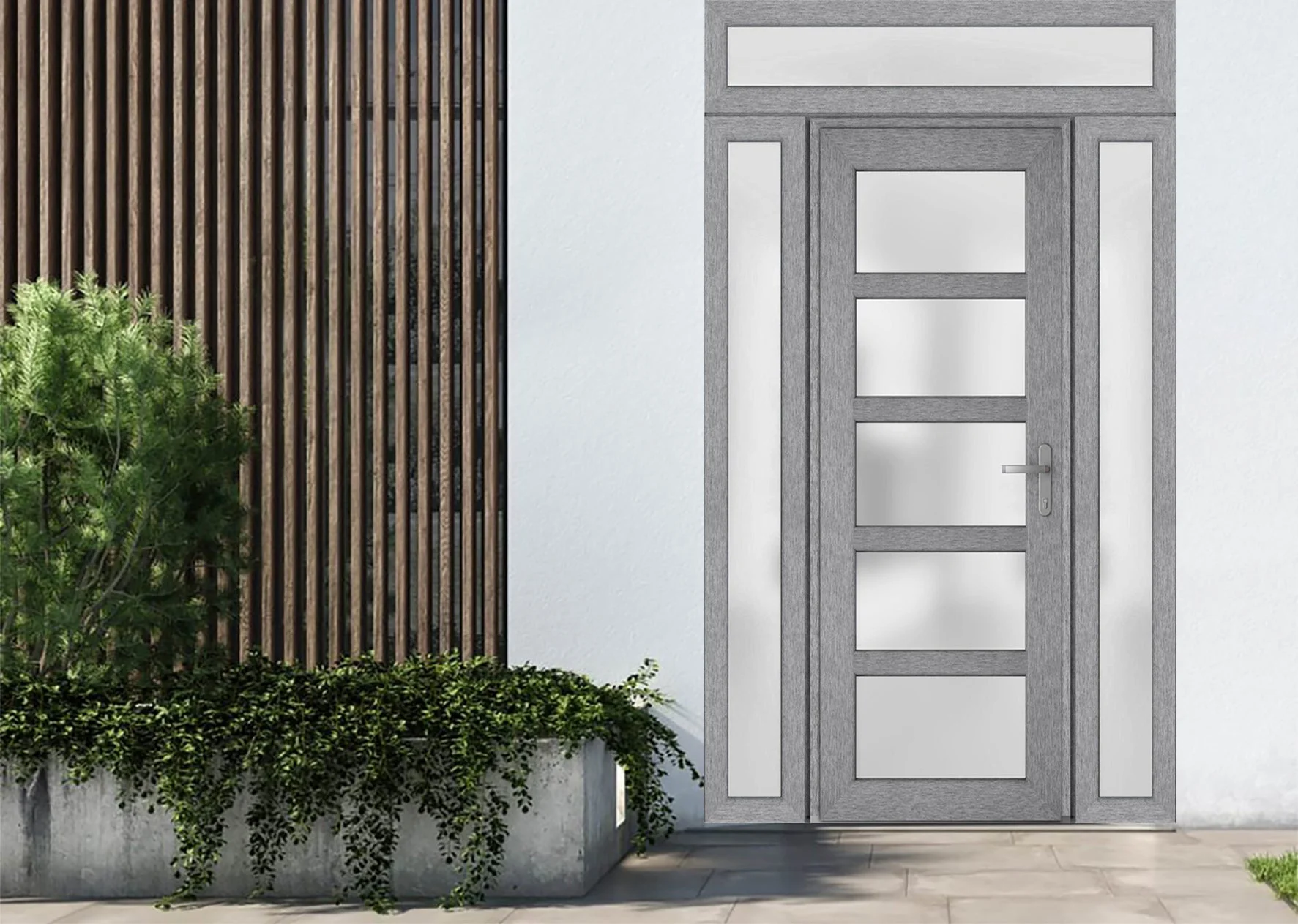 Front Exterior Prehung Metal - Plastic Door Frosted Glass / Manux 8002 Grey Ash / 2 Side and Top Window / Office Commercial and Residential Doors Entrance Patio Garage 60