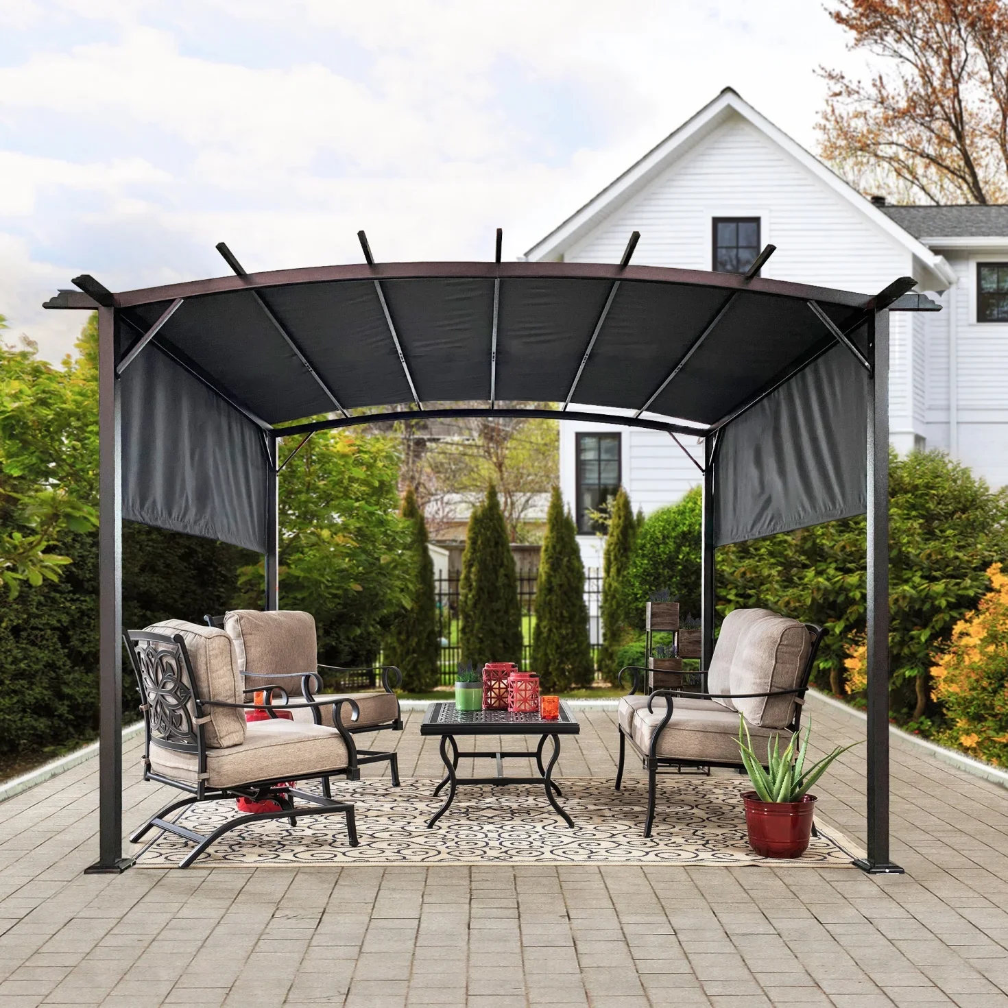 12 x 9 Ft Outdoor Pergola Patio Gazebo, Retractable Shade Canopy, Steel Frame Grape Gazebo, Sun Shelter Pergola for Gardens, Terraces, Backyard, Gray
