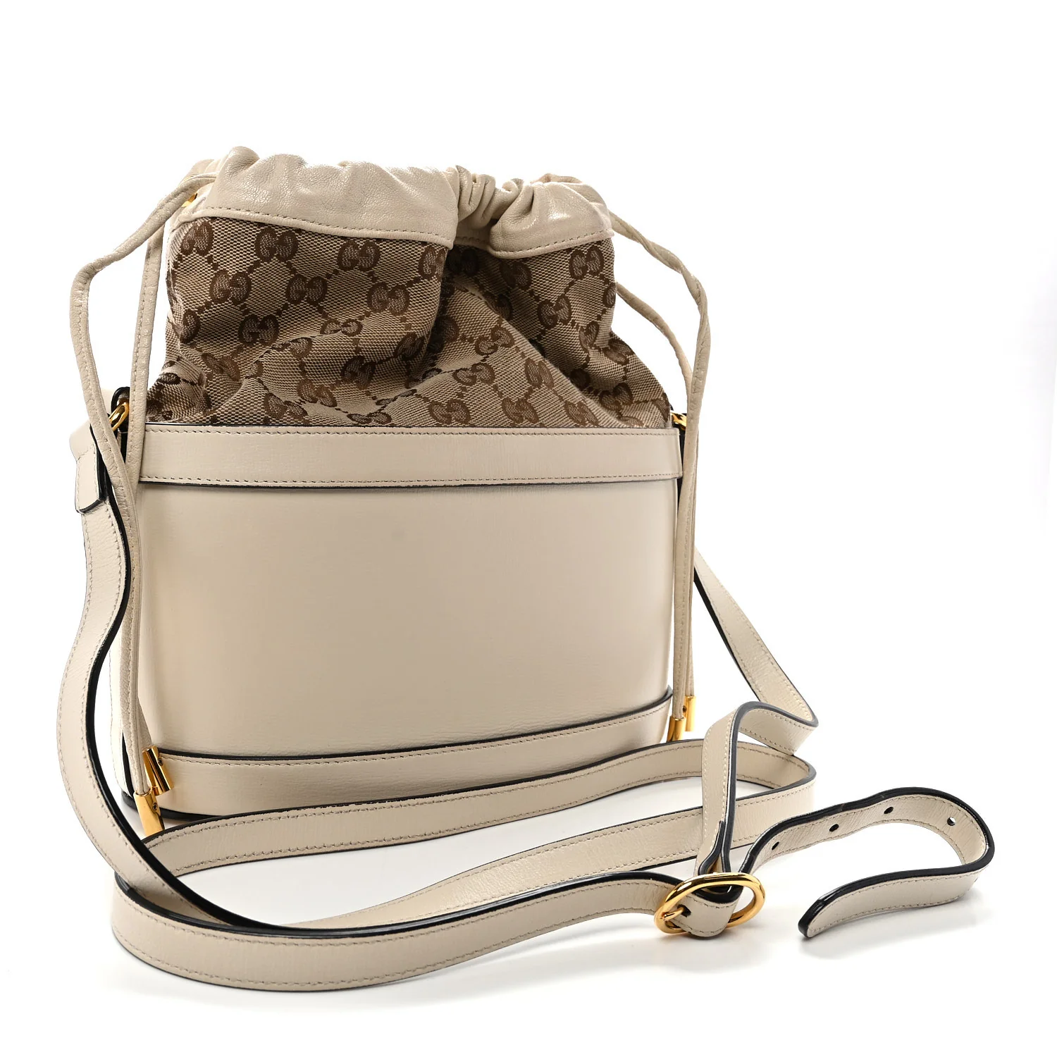 Monogram Textured Calfskin Horsebit 1955 Drawstring Bucket Bag Beige Mystic White