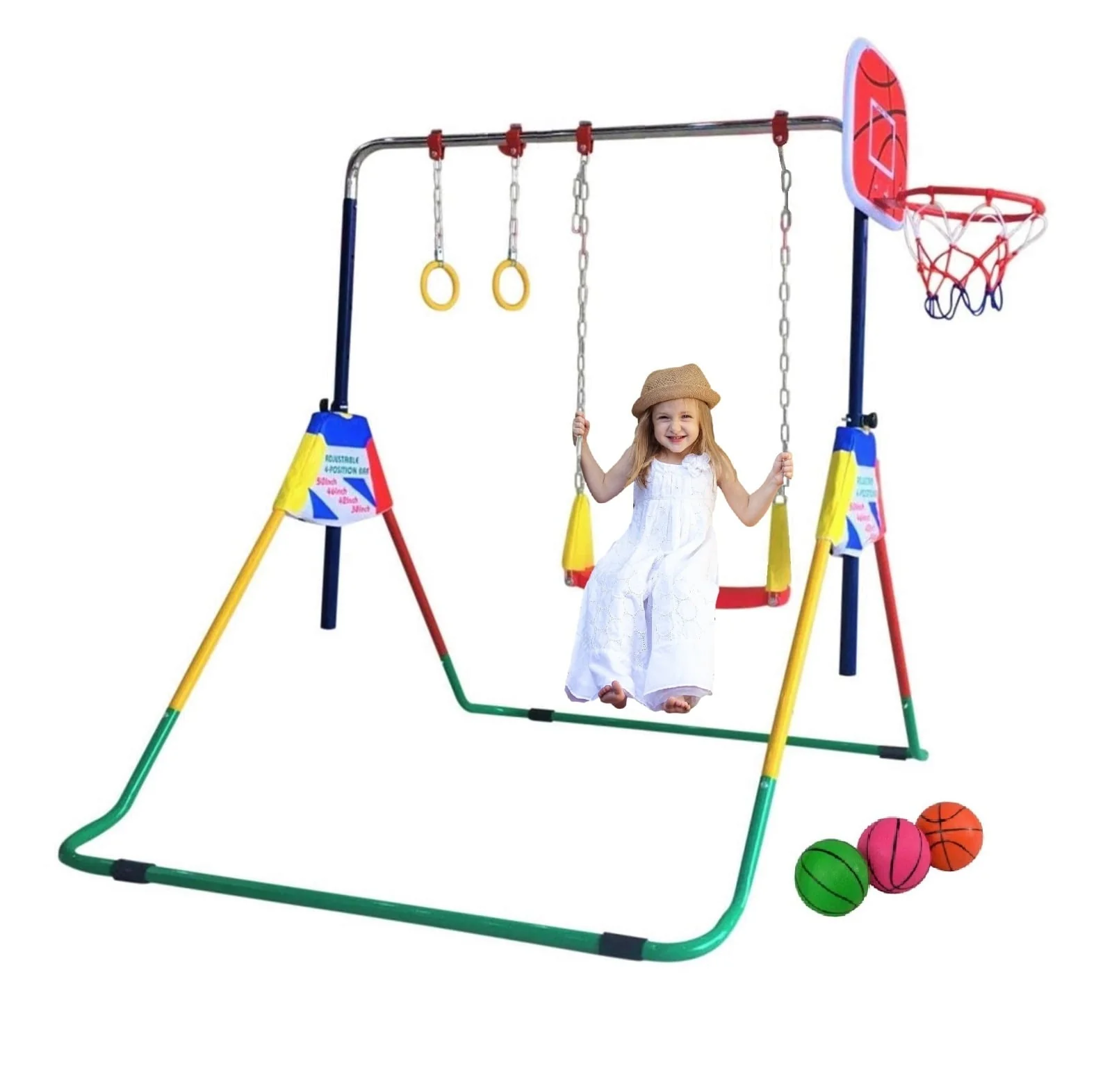 Adjustable Height Gymnastics Bar for Kids Kip Bar 6 in 1 Set, 6'x2' Gymnastic Tumble Mat, Swing Seat, 2 Trapeze Rings, Basketball Hoop, Home Junior Training Monkey Bars Fitness Balance Horizontal Bar Image 9