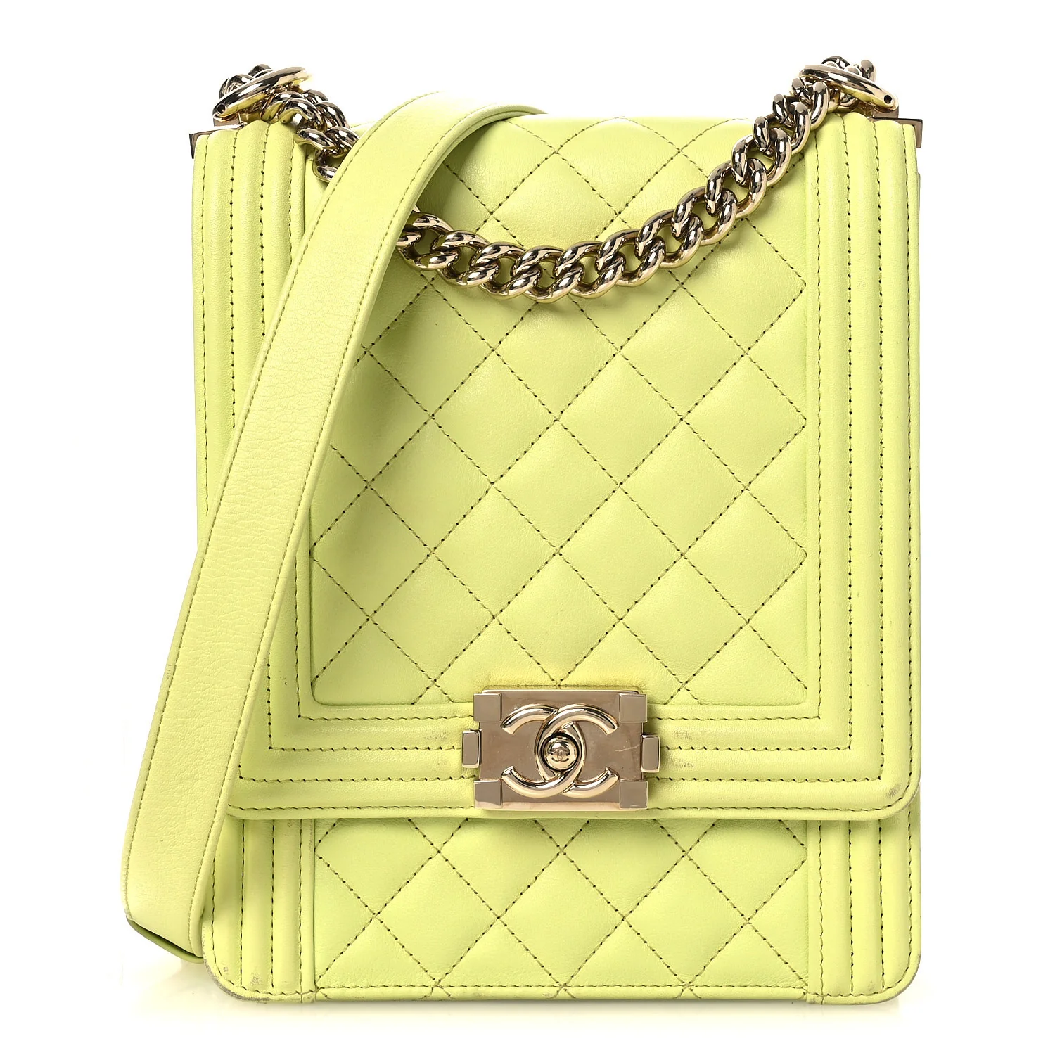 Calfskin Quilted North South Boy Flap Light Green