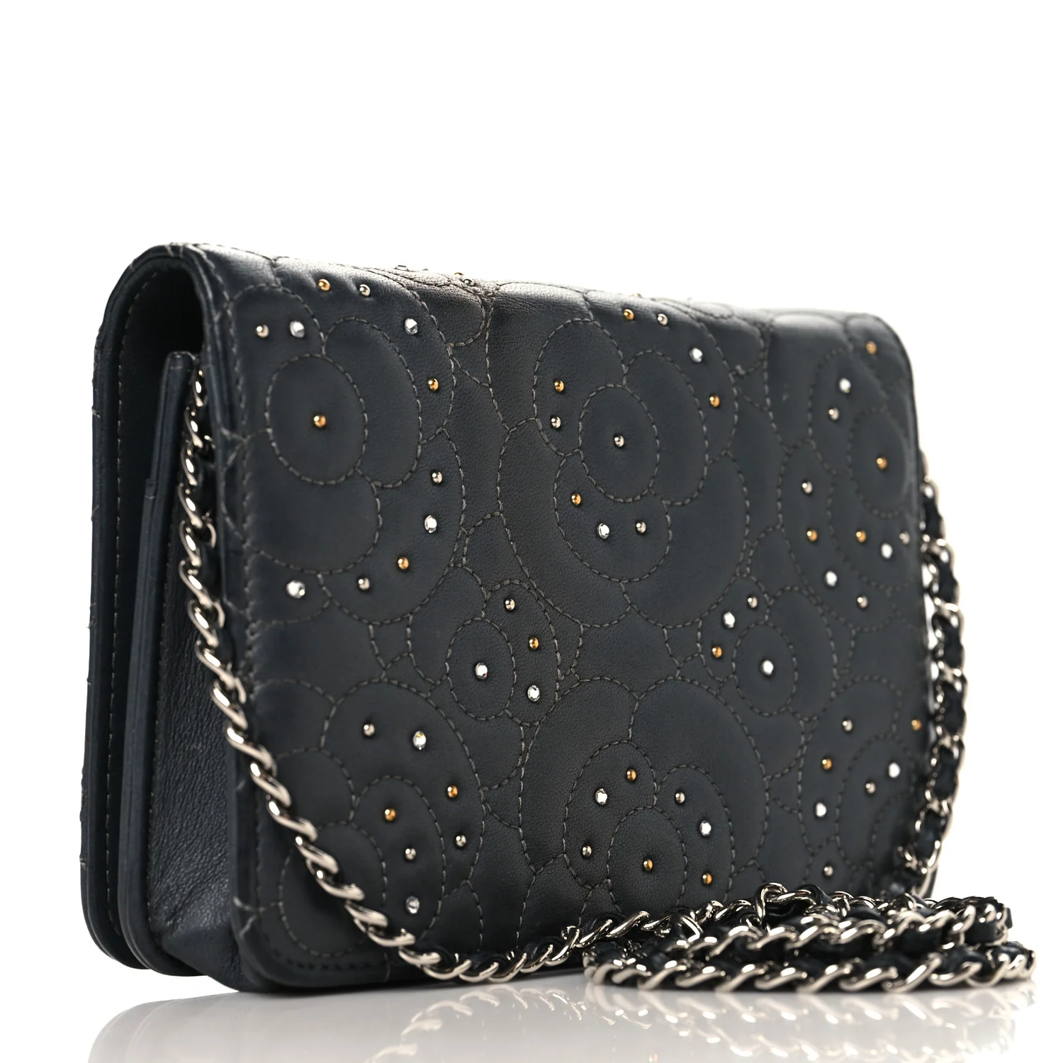Lambskin Camellia Studded Wallet on Chain WOC Grey