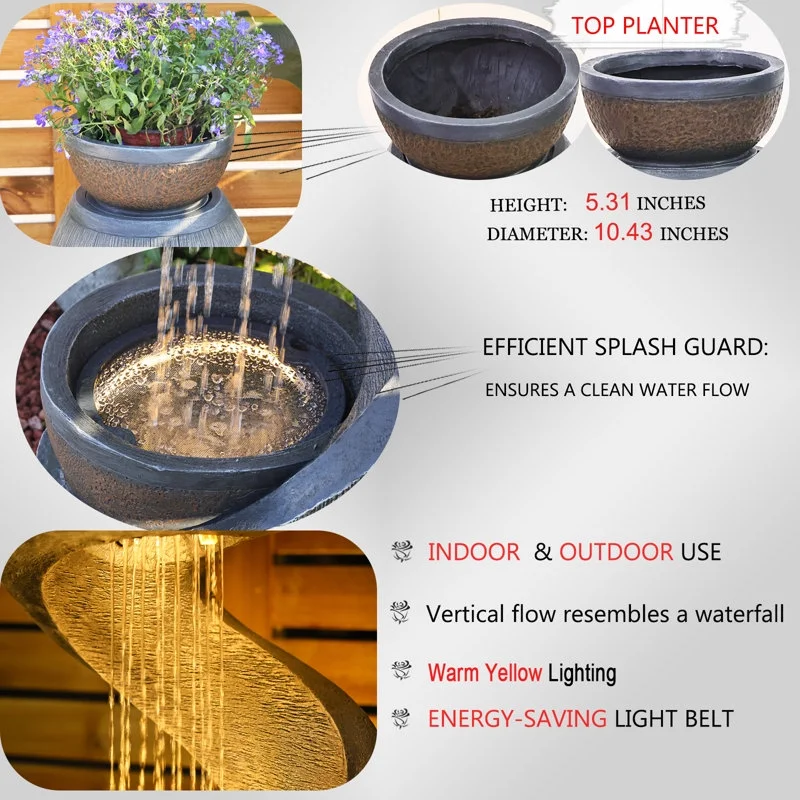 Outdoor Water Fountain Modern Curved Waterfall S-Shaped Freestanding Fountain with Bowl Planter for Patio Deck Garden Yard Home Decor - Image 3