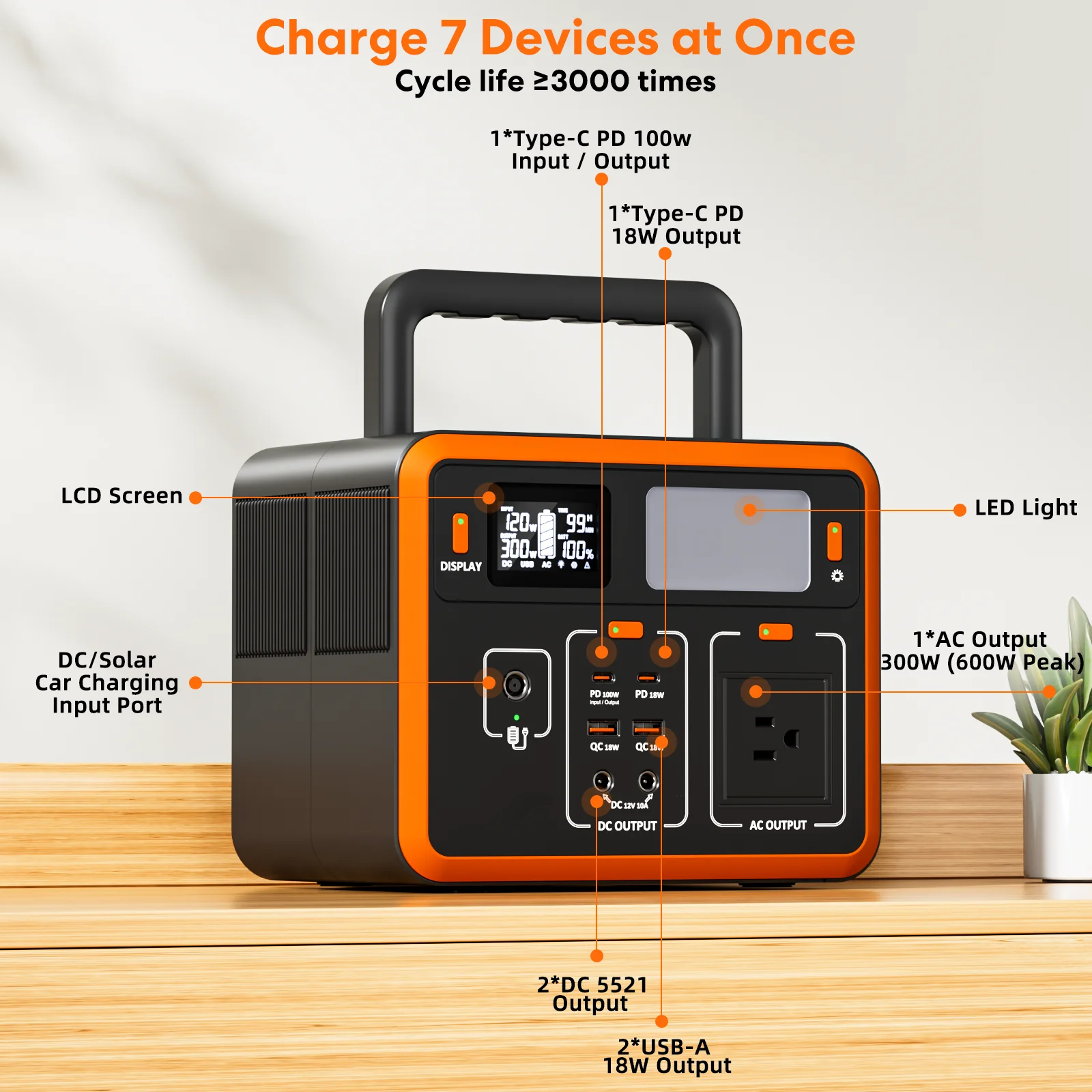 300W Portable Power Station, 288Wh 90000mAh portable solar generator with LED Light, Outdoor Solar Generator for Camping, RV, Home Backup, Emergency Power - Image 7