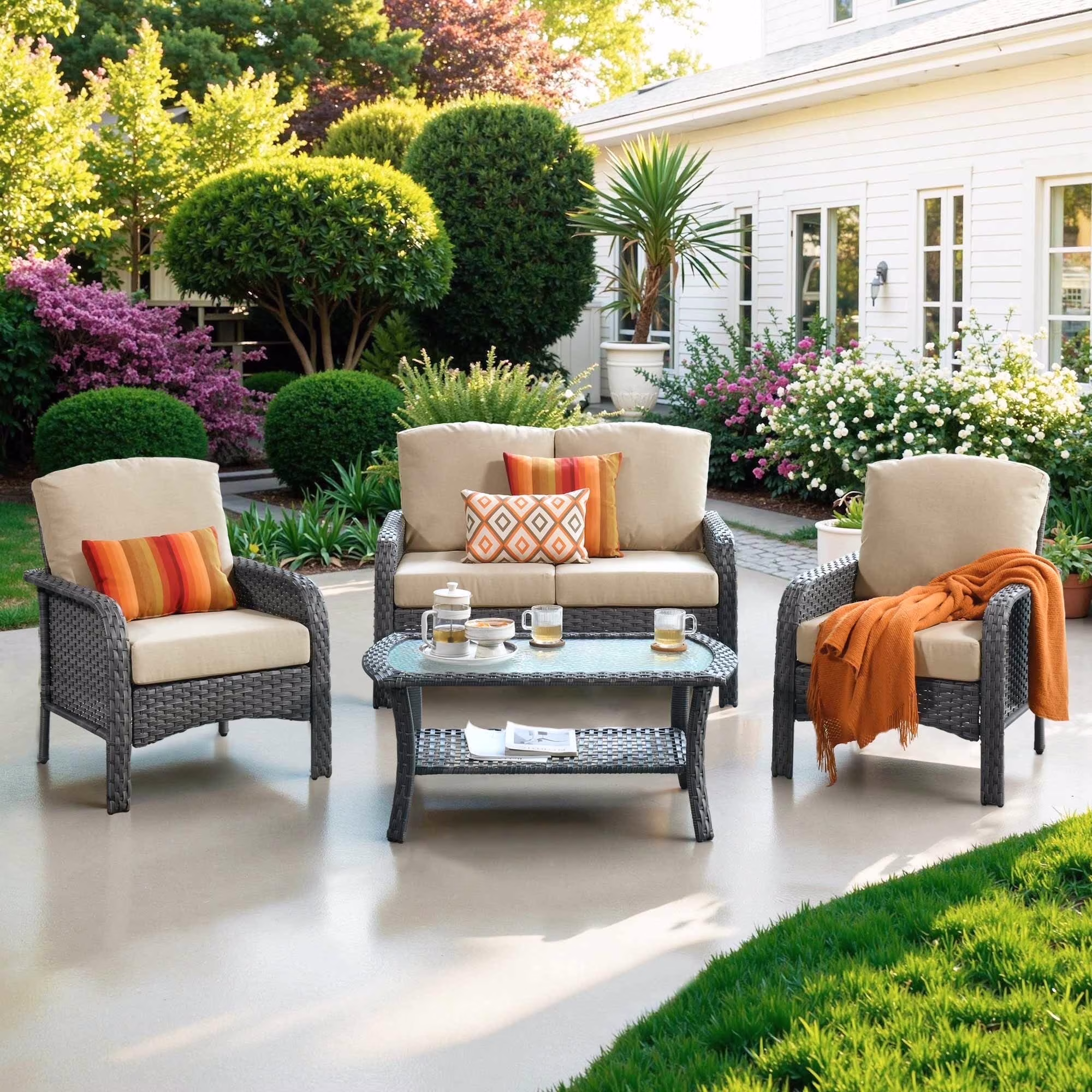 4 Pieces Wicker Outdoor Patio Furniture with Coffee Table High Back All Weather Rattan Outdoor Sectional Conversation Set for Backyard Porch Garden, Denim Blue(Denim Blue) - Image 5