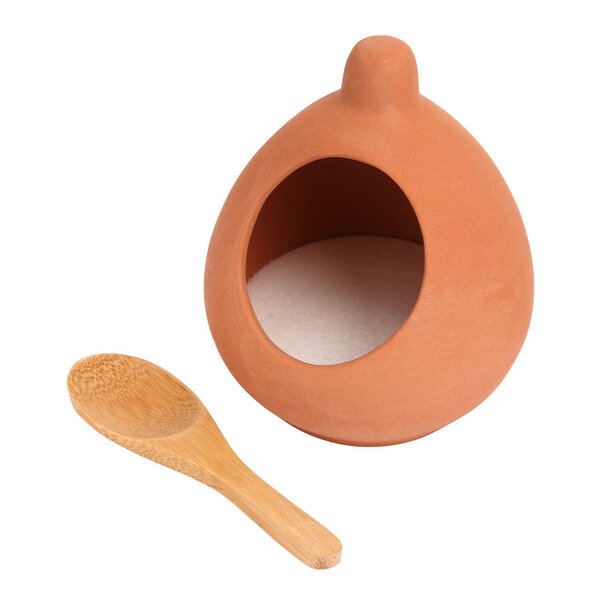 Terracotta saltkar med skje 9 cm