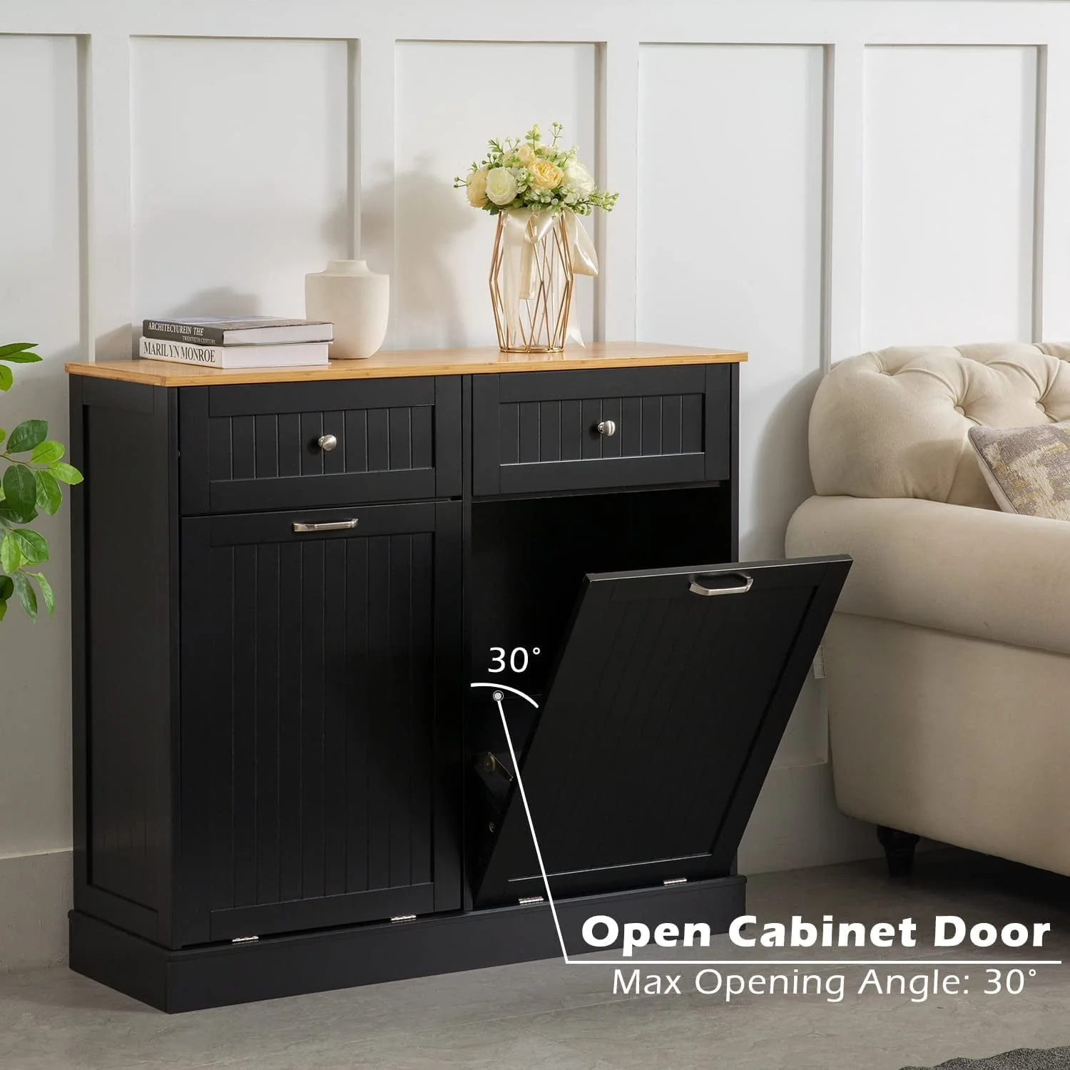 Kitchen Trash Cabinet Double Tilt Out Trash Cabinet with 2 Hideaway Drawers, Solid Wood Tabletop Free Standing Recycling Cabinet Pet Proof Trash Can Holder with Storage, Black(Black) Image 3