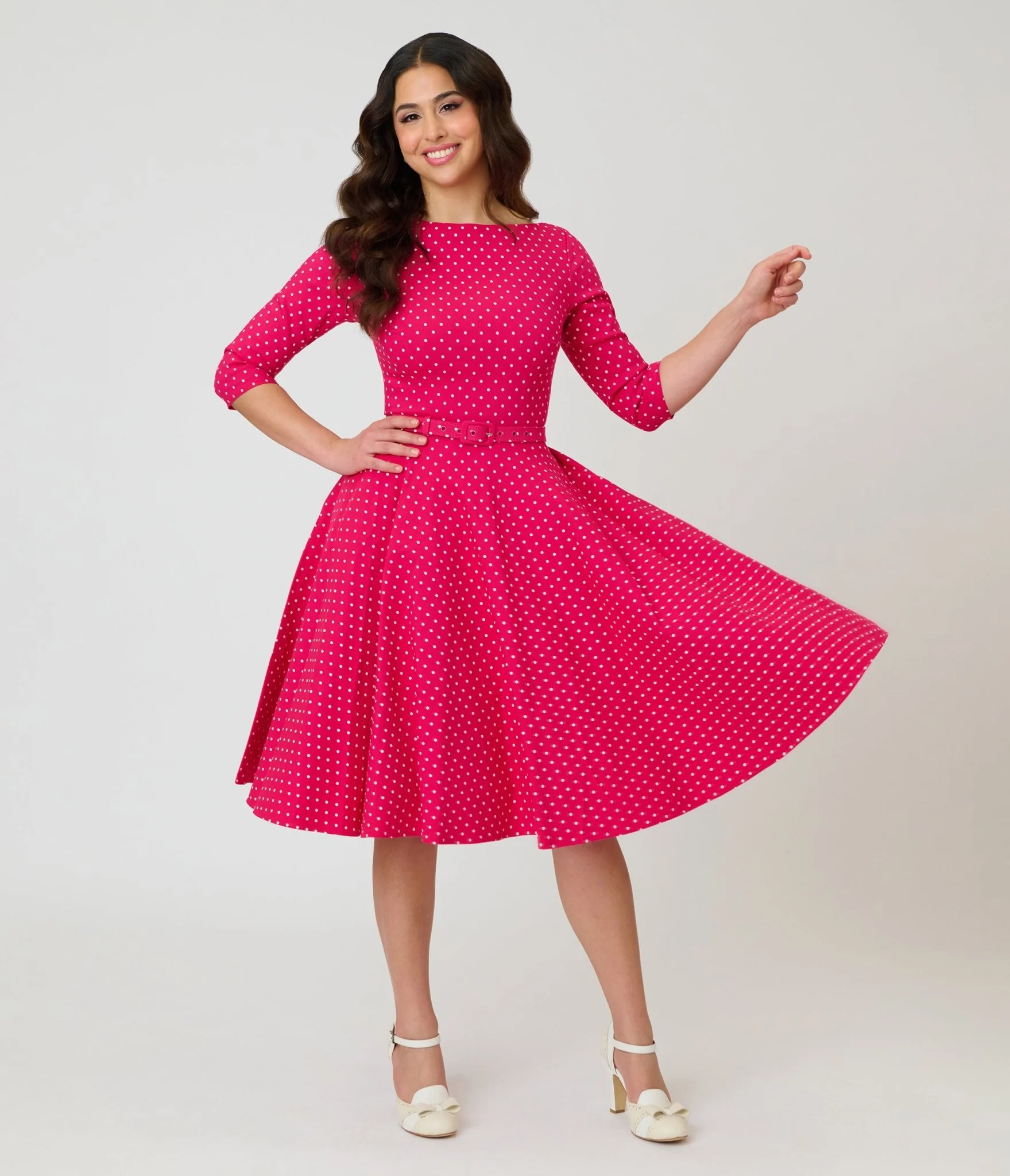 Unique Vintage Hot Pink Pin Dot Devon Swing Dress
