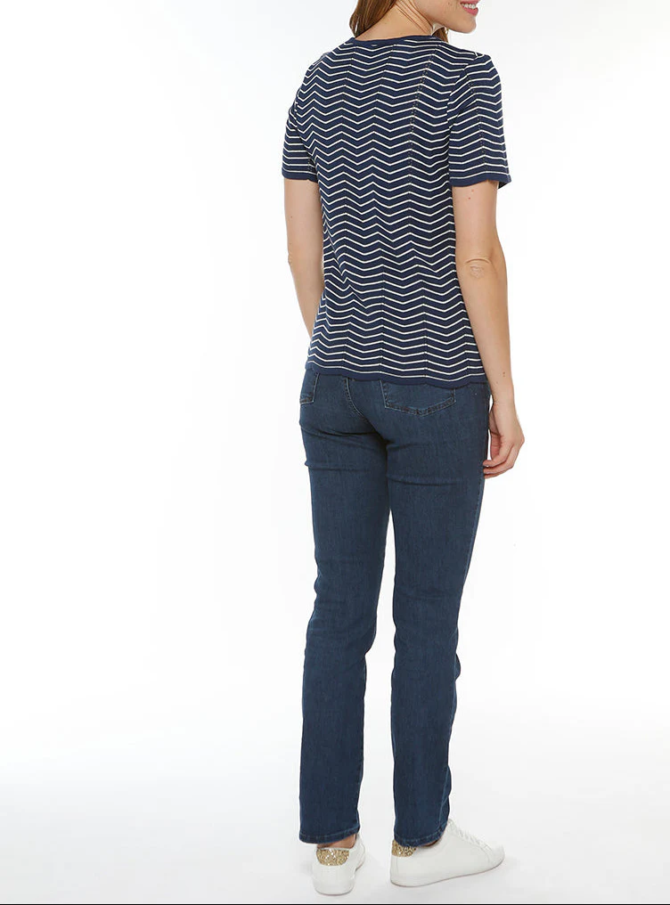 Pull femme coton manches courtes marine/crème