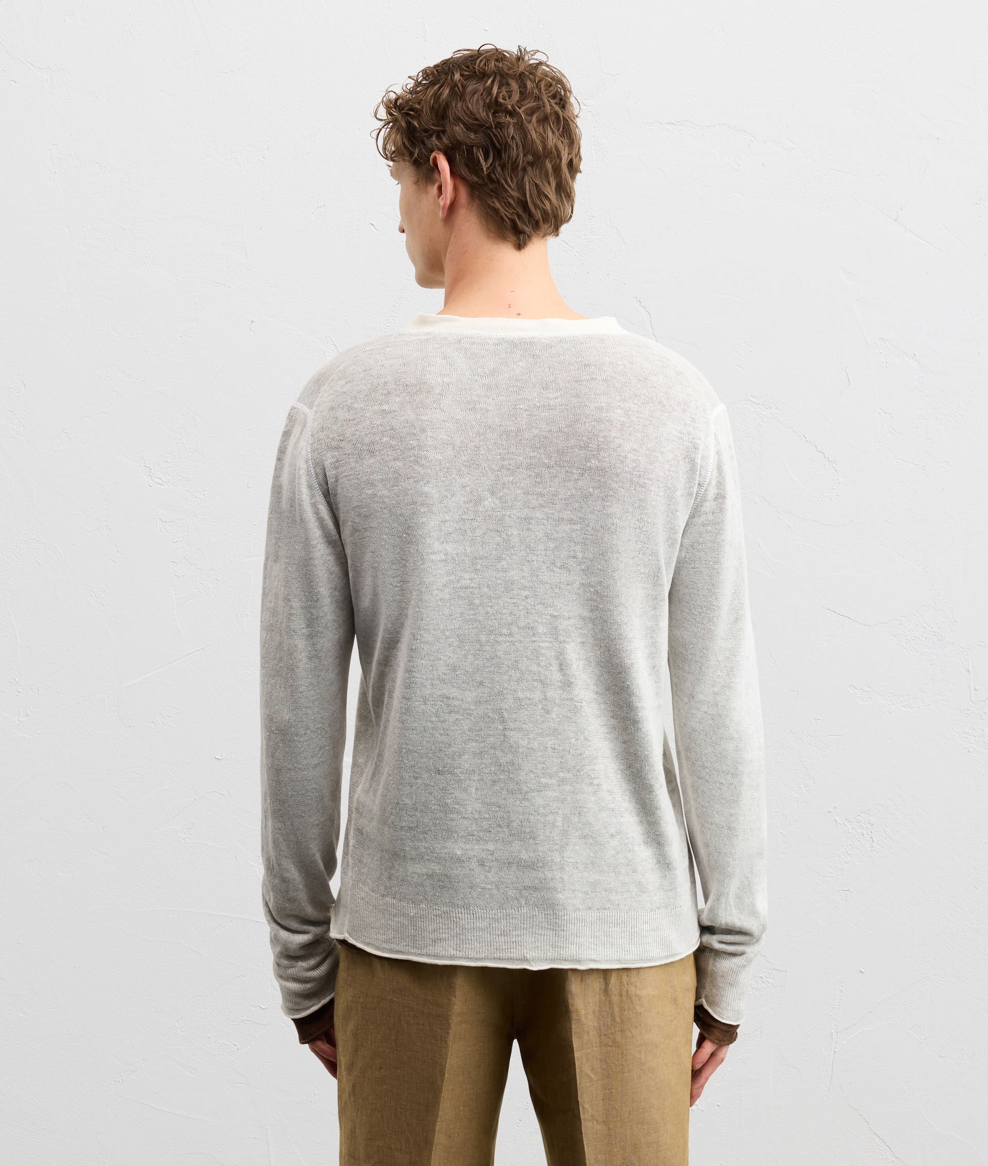 LONG SLEEVED WHITE LINEN SWEATER WITH DOUBLE LAYER TWO TONE JERSEY STITCH