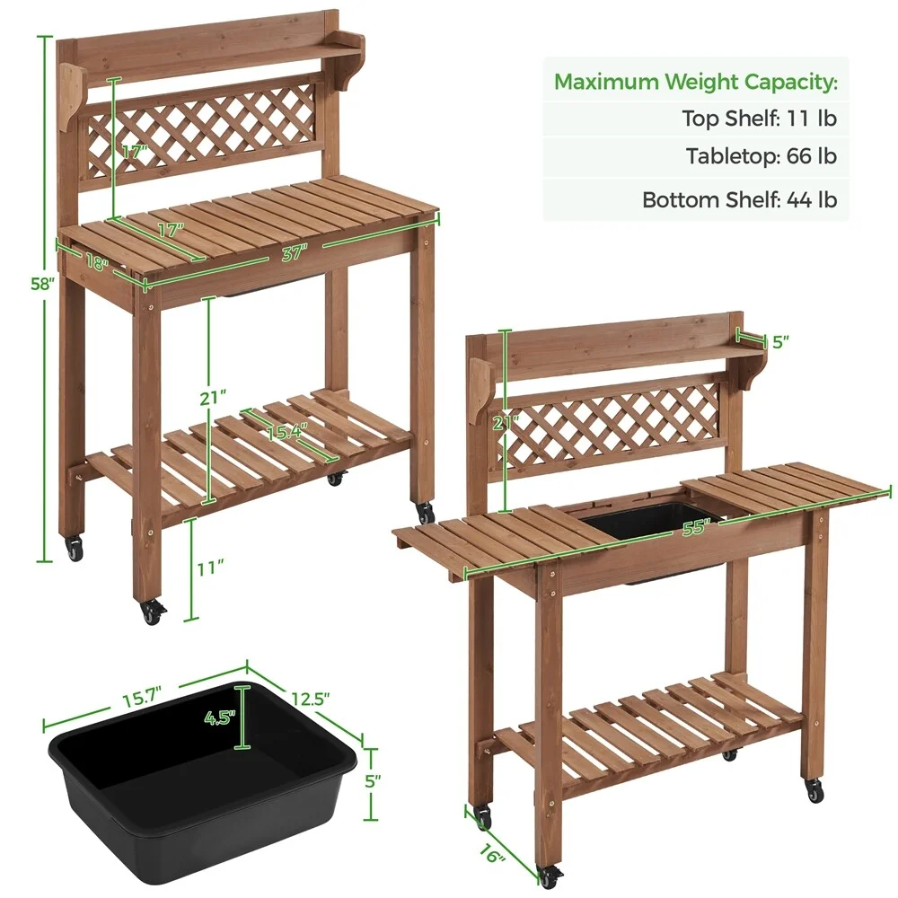 Wangood Rolling Garden Potting Bench Wooden Work Station Table with Sliding Tabletop-Brown
