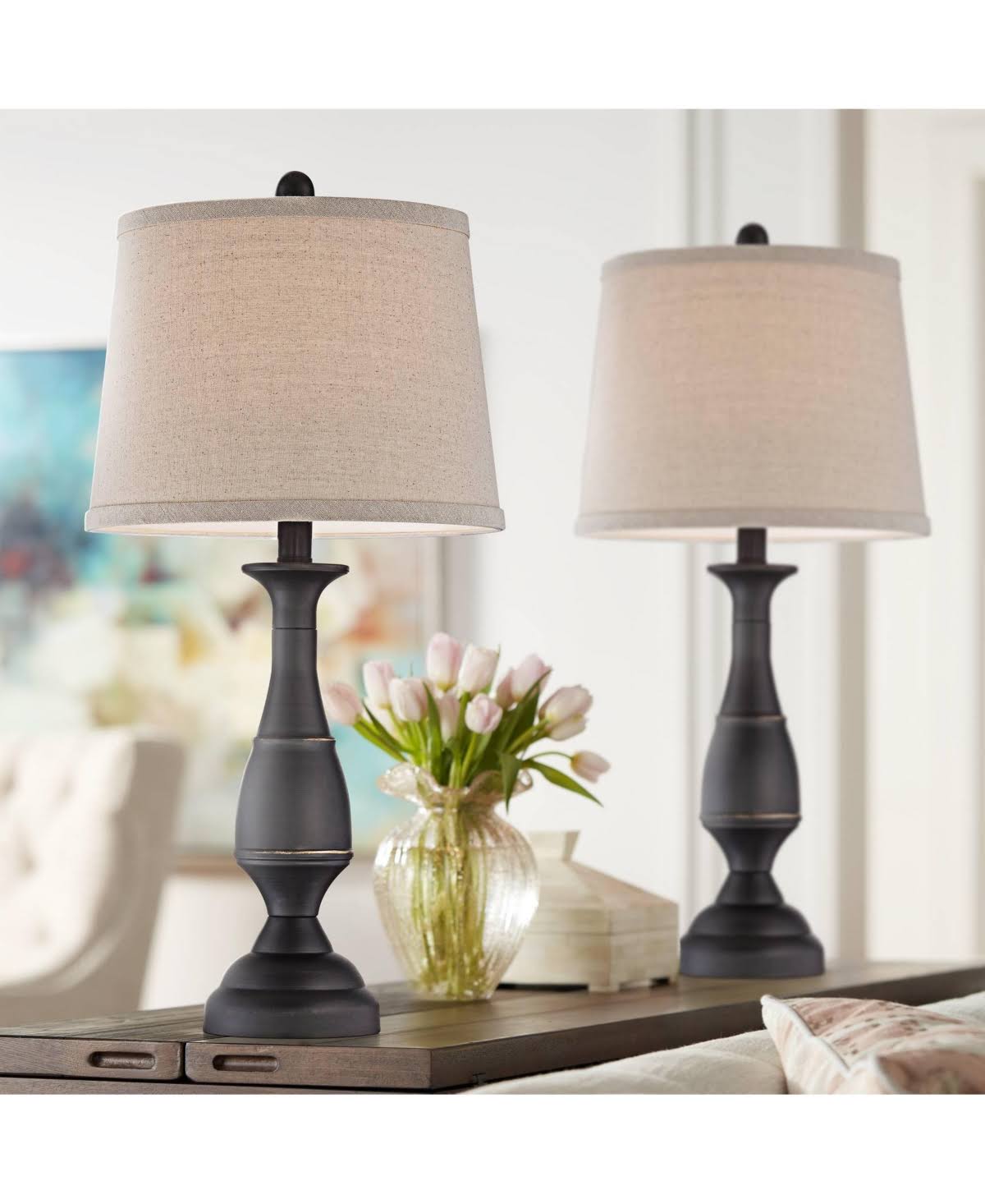 Regency Hill Ben Traditional Table Lamps Set of 2 Dark Bronze Metal Beige Linen Drum Shade for Living Room Family Bedroom Bedside -