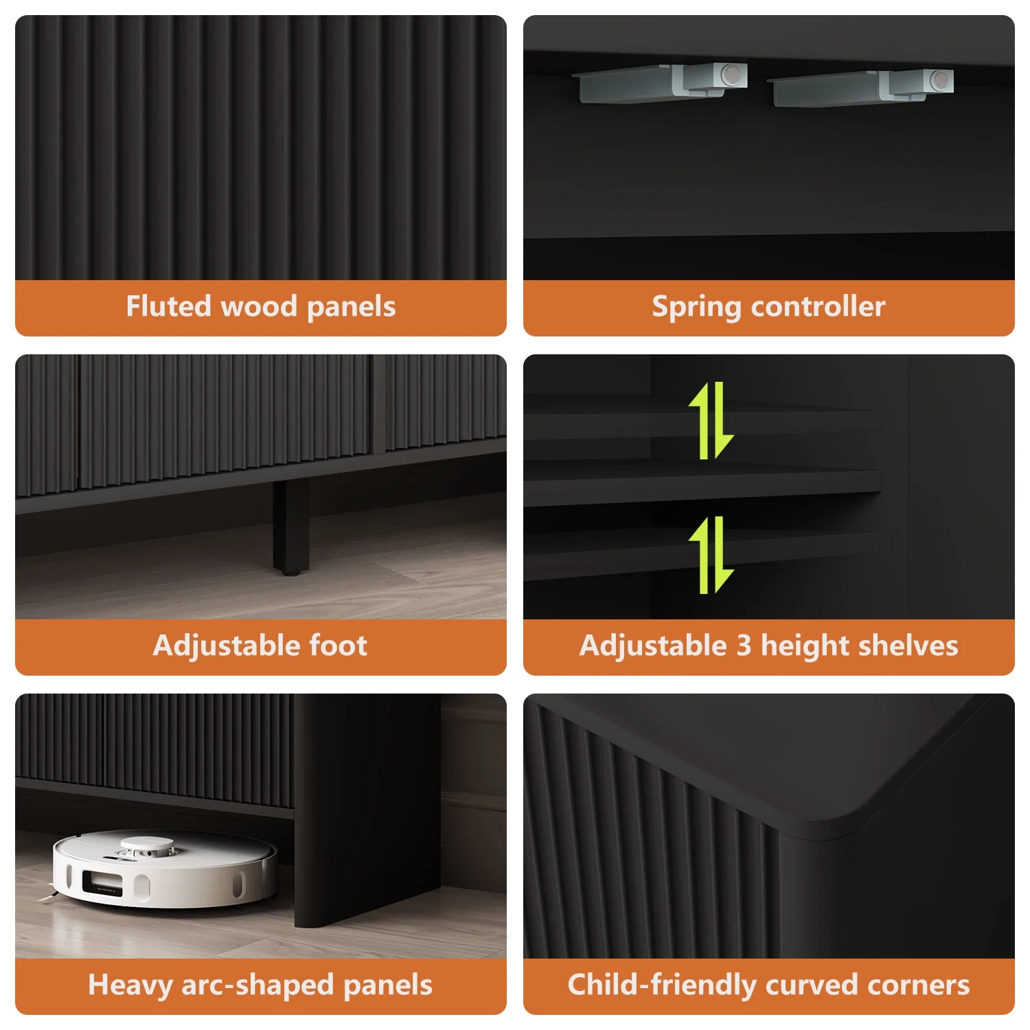 Sideboard Storage Cabinet with Doors and Shelves, Buffet Cabinet with Storage, Credenza Storage Cabinet for Kitchen, Wooden Fluted Cabinet, Under TV Cabinet with Storage Black(Black) - Image 6