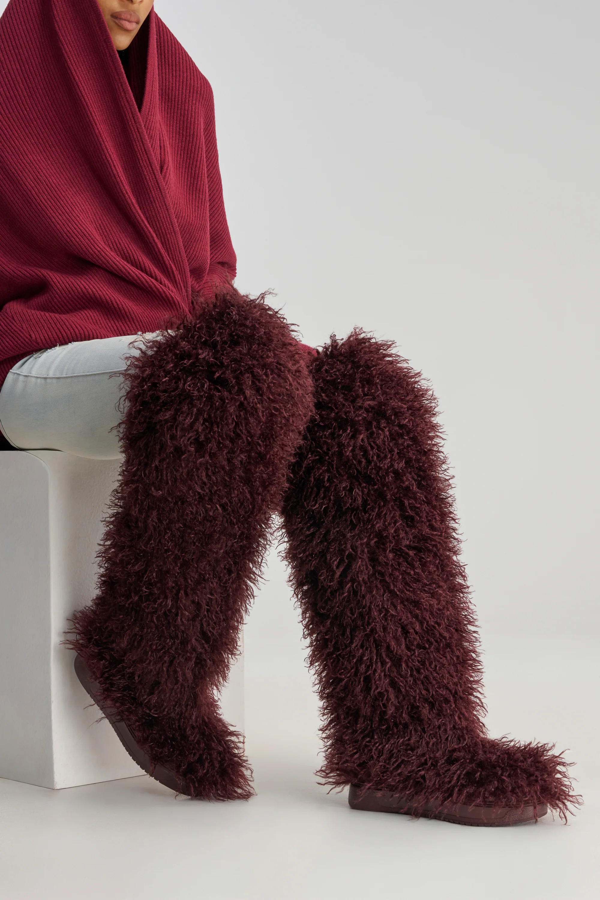 AZALEA WANG TEMPLETON BURGUNDY FAUX POODLE FUR OVER THE KNEE BOOT - Akira Store