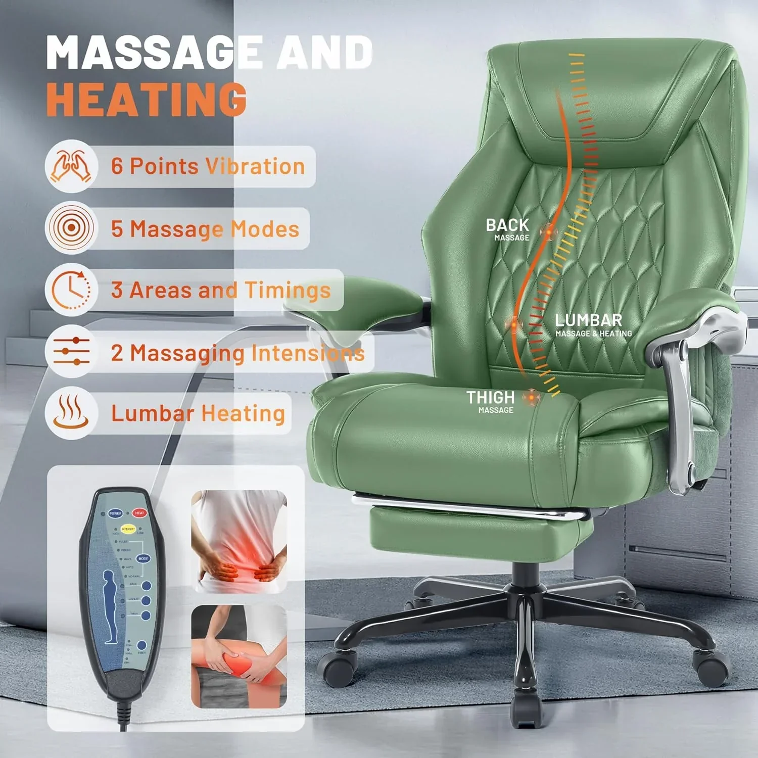Fauteuil de bureau massant avec chauffage et repose-pieds, fauteuil de bureau ergonomique inclinable de direction