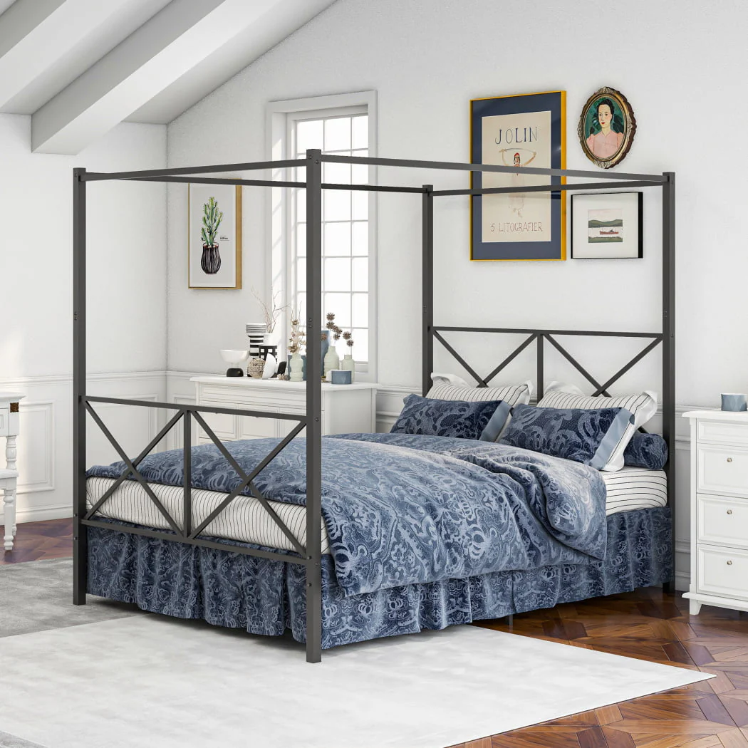 Queen Size Metal Canopy Bed Frame, Four Poster Platform Bed Frame with X Shaped Headboard and Footboard,Bed Mattress Foundation with Sturdy Metal Slat Support Image 2