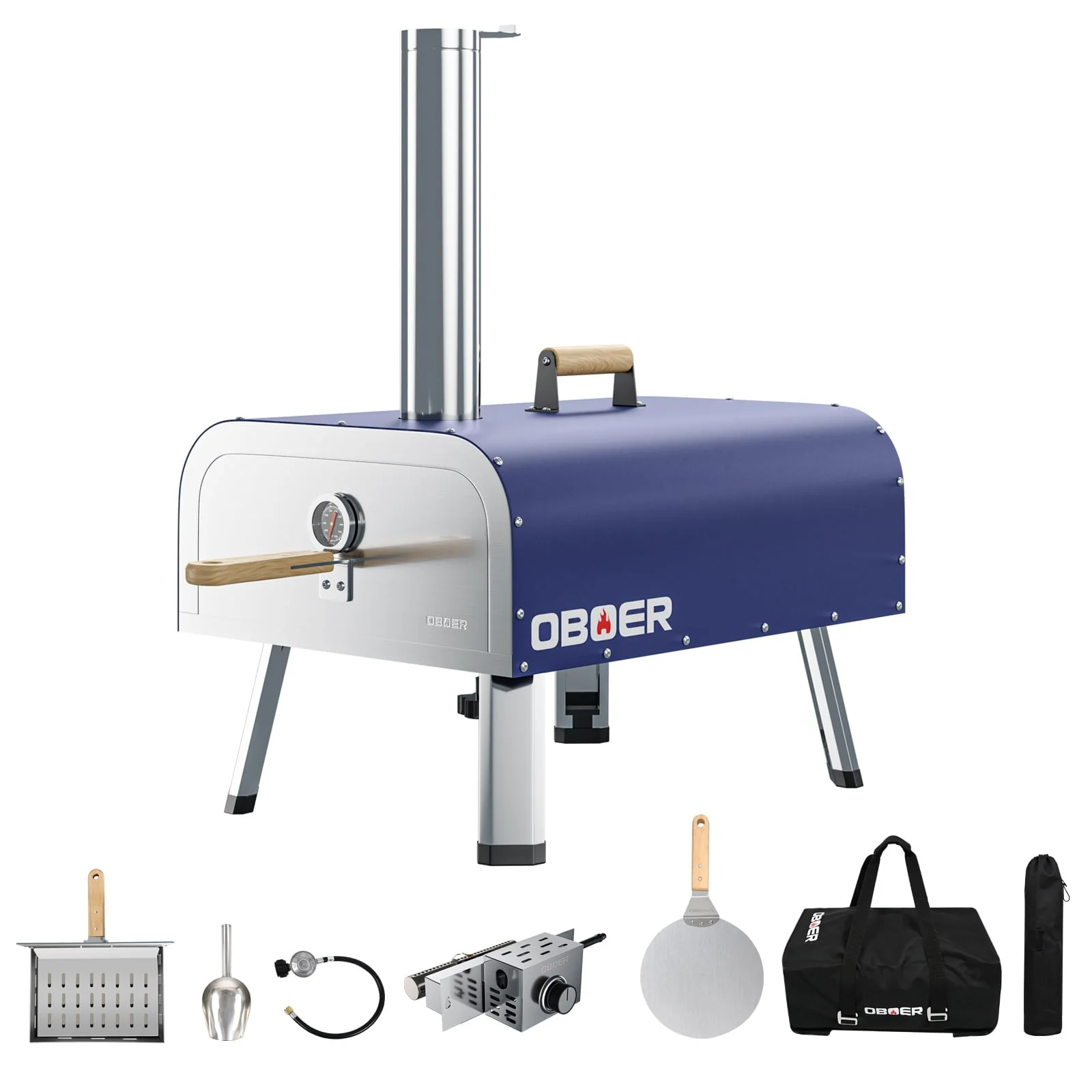 NAIZEA Outdoor Wood Fired Pizza Oven, Stainless Steel Pizza Grill, W/Complete Accessories & Pizza Bag for Outdoor Cooking (Blue)
