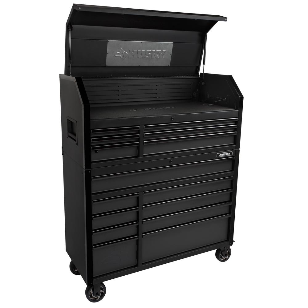 Coffre à outils industriel à 15 tiroirs et servante d'atelier à roulettes, 132 cm (L) x 55 cm (P), avec éclairage LED, noir mat