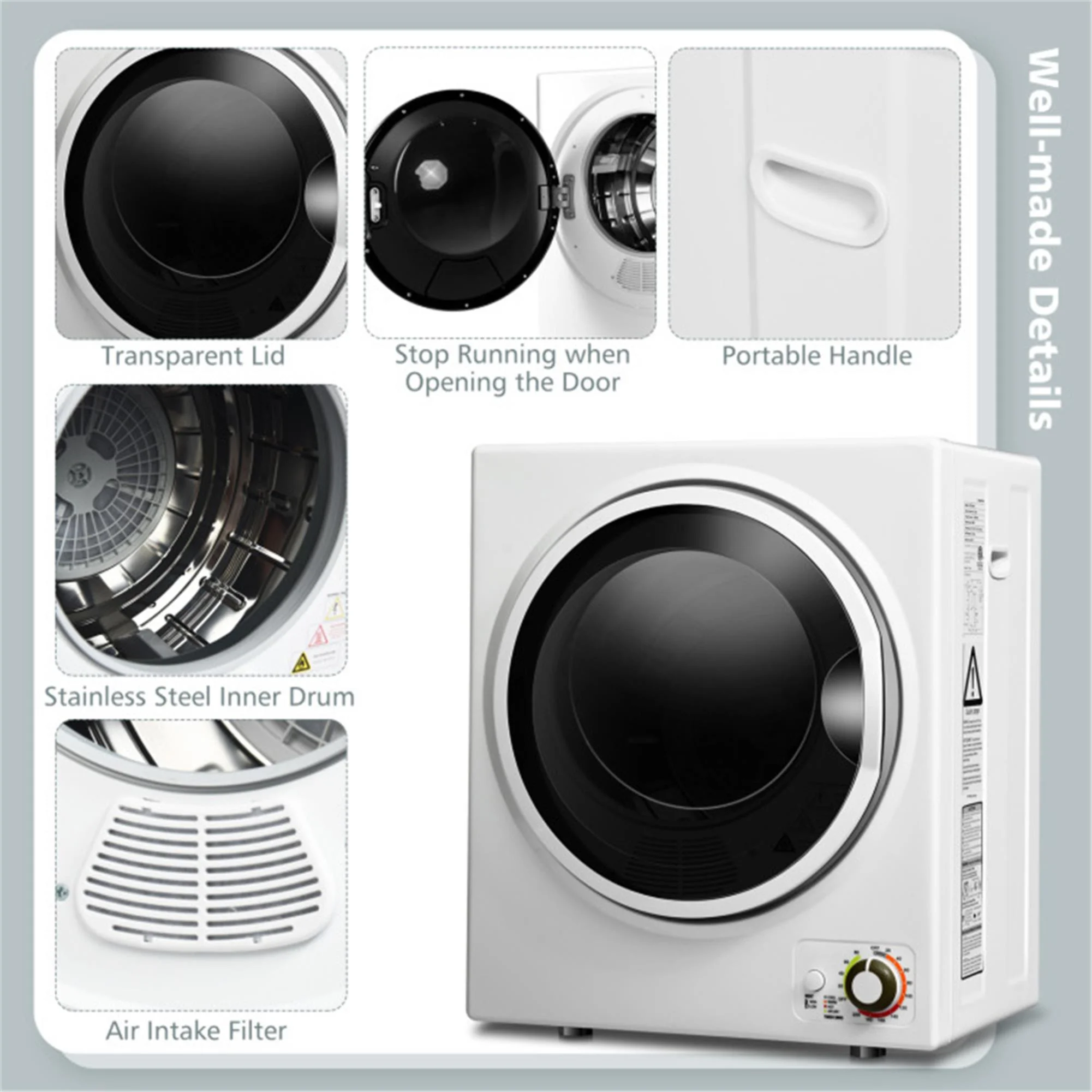 850W Compact Portable Clothes Dryer - 10 lb Wet Capacity, 5.5 lb Dry Load, Quiet Design (